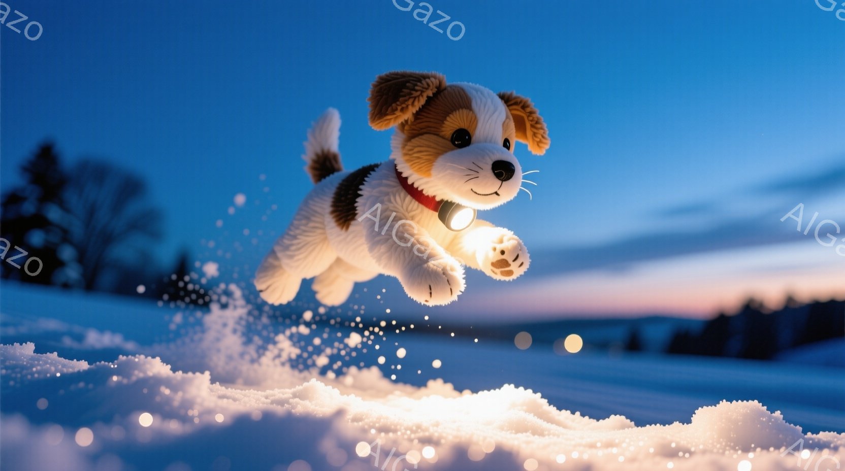 白い雪の上を、茶色と白の毛並みの犬が飛び跳ねています。赤い首輪と足に白い靴下を履いており、楽しそうに雪の中を駆け抜けています。背景には、薄暗い夕暮れ時の空と、遠くに見える木々のシルエットが広がっており - AI生成フリー素材