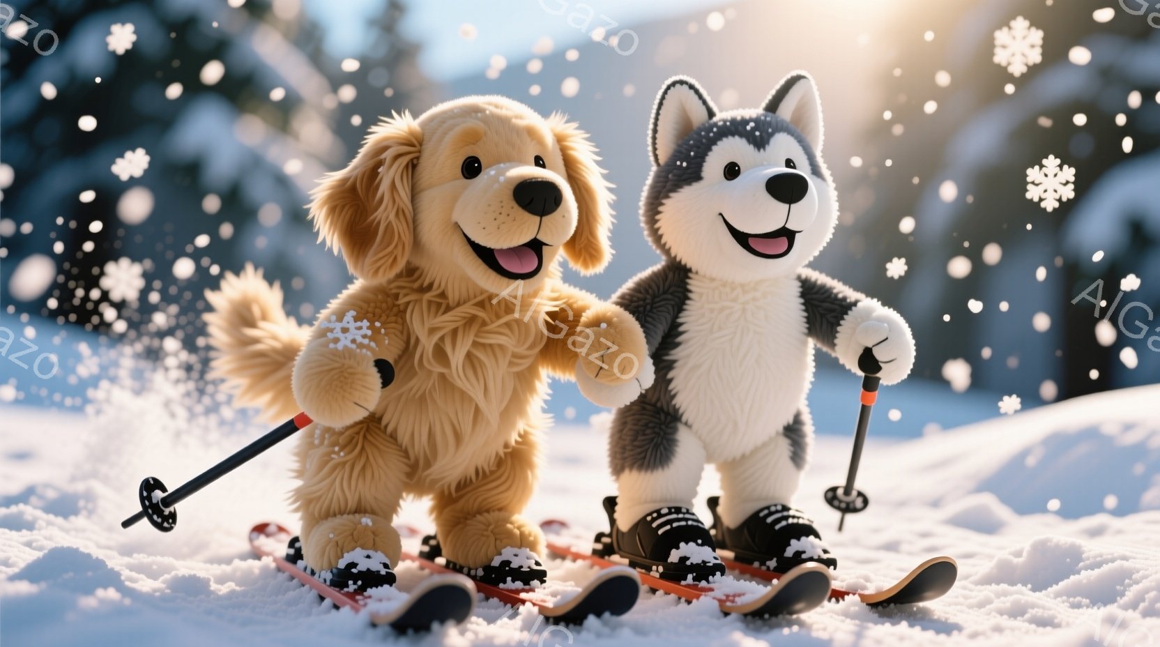 ふわふわの毛並みを持つゴールデンレトリバーとハスキーが、雪山でスキーを楽しんでいます。二匹はスキー板とストックを持っており、笑顔で前を見据えています。背景には雪景色が広がり、晴れた空の下、冬の穏やかな - AI生成フリー素材