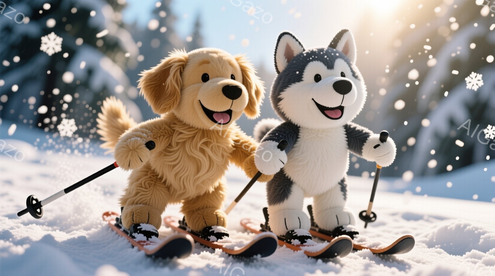 雪景色の中で、スキー板に乗った2匹の犬が描かれています。茶色の犬はカールした毛並みで、黒い犬は灰色の毛並みで、どちらも笑顔でスキーを楽しんでいます。背景には雪に覆われた山々と木々があり、晴れた空の下で - AI生成フリー素材