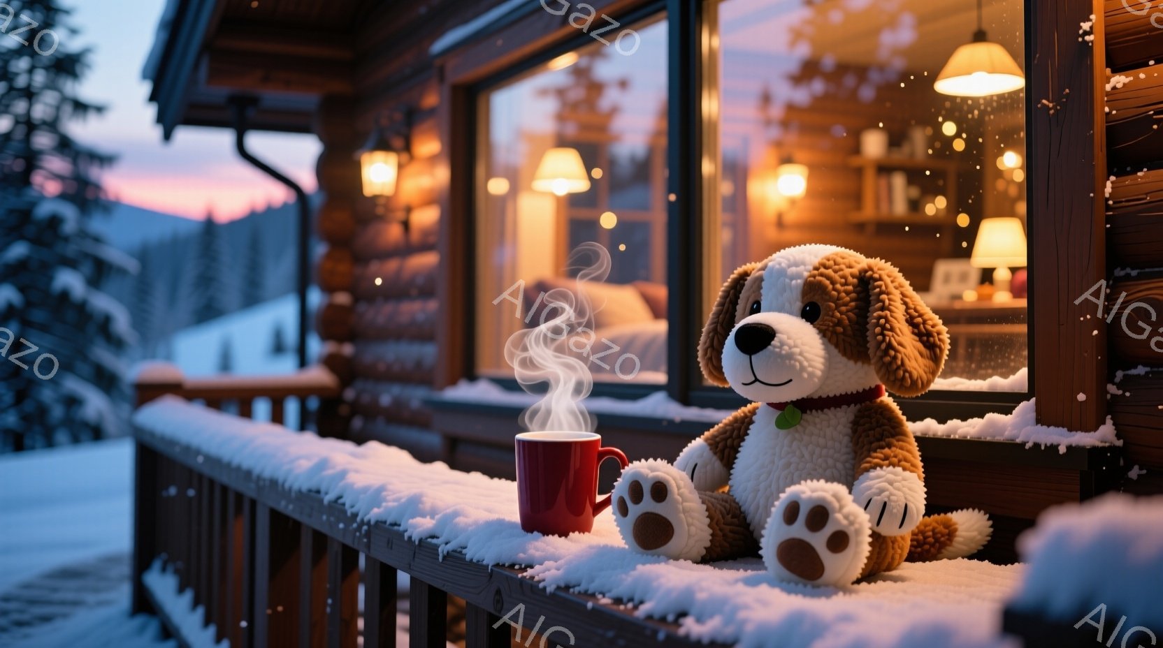 雪に覆われた手すりに、茶色いぬいぐるみ犬が座っており、赤い湯気の立つマグカップが隣に置かれています。背景には、温かい光で照らされた、暖炉のある木のコテージが見え、外は雪景色が広がり、穏やかで心地よい冬の雰囲気を醸し出しています。コテージの窓から見える光は、雪景色の中で温かさを強調しています。