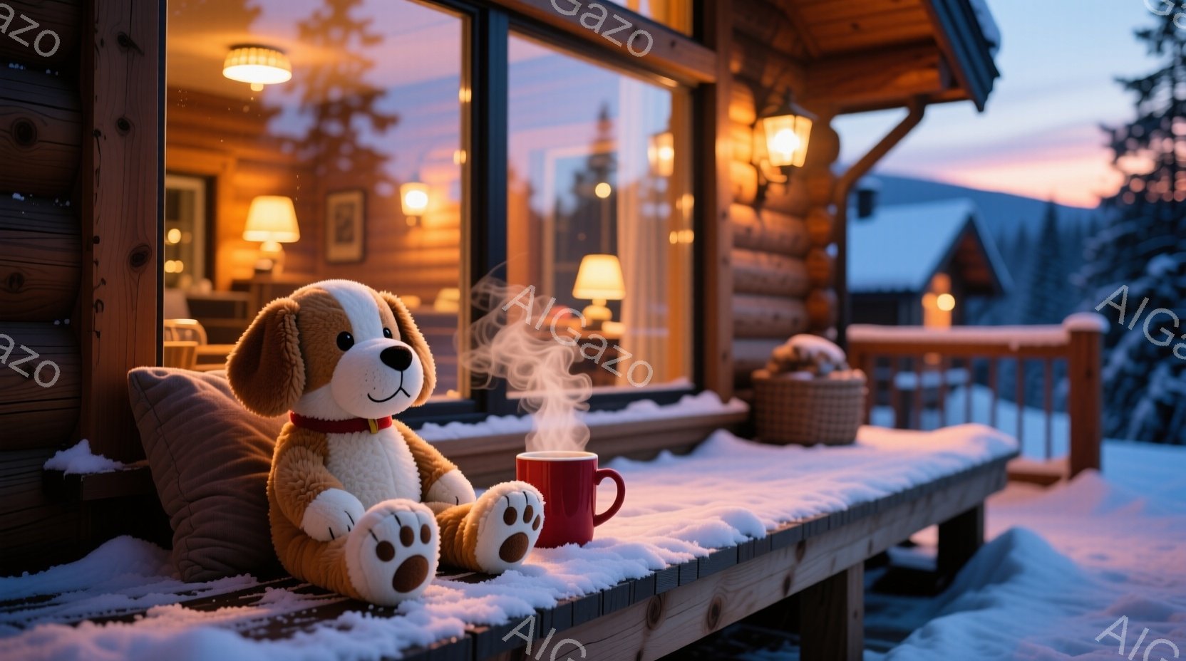 ぬいぐるみ犬が、雪の積もった木製のデッキに座り、赤い湯気を立てるマグカップを抱えています。背景には、温かい光に照らされたログハウスと、夕焼けに染まる雪山が広がっています。全体的に、暖かく、静かで、冬の穏やかな雰囲気が漂っています。