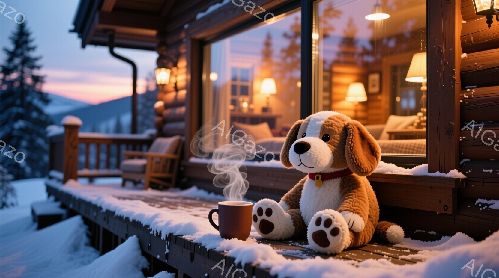雪に覆われた木製のデッキに、茶色のふわふわした犬のぬいぐるみと湯気が立つ赤いマグカップが置かれています。背景には、暖炉の光が灯った居間の窓が見え、雪山が夕焼けに照らされています。静かで温かく、冬の静寂を感じさせる、心安らぐ光景です。