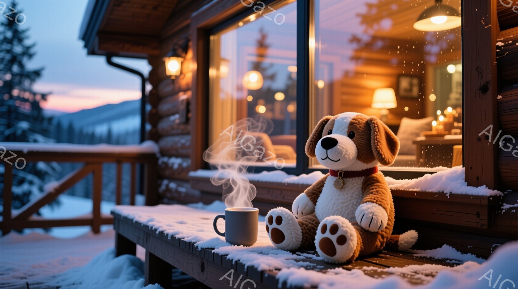 雪が降り積もった木製のバルコニーに、可愛らしい茶色い犬のぬいぐるみが座っています。ぬいぐるみは赤い首輪をつけており、隣には湯気が立つマグカップが置かれています。背景には暖かく光る窓のある木造の建物と、雪に覆われた山々が広がっており、温かく穏やかな冬の雰囲気が漂っています。