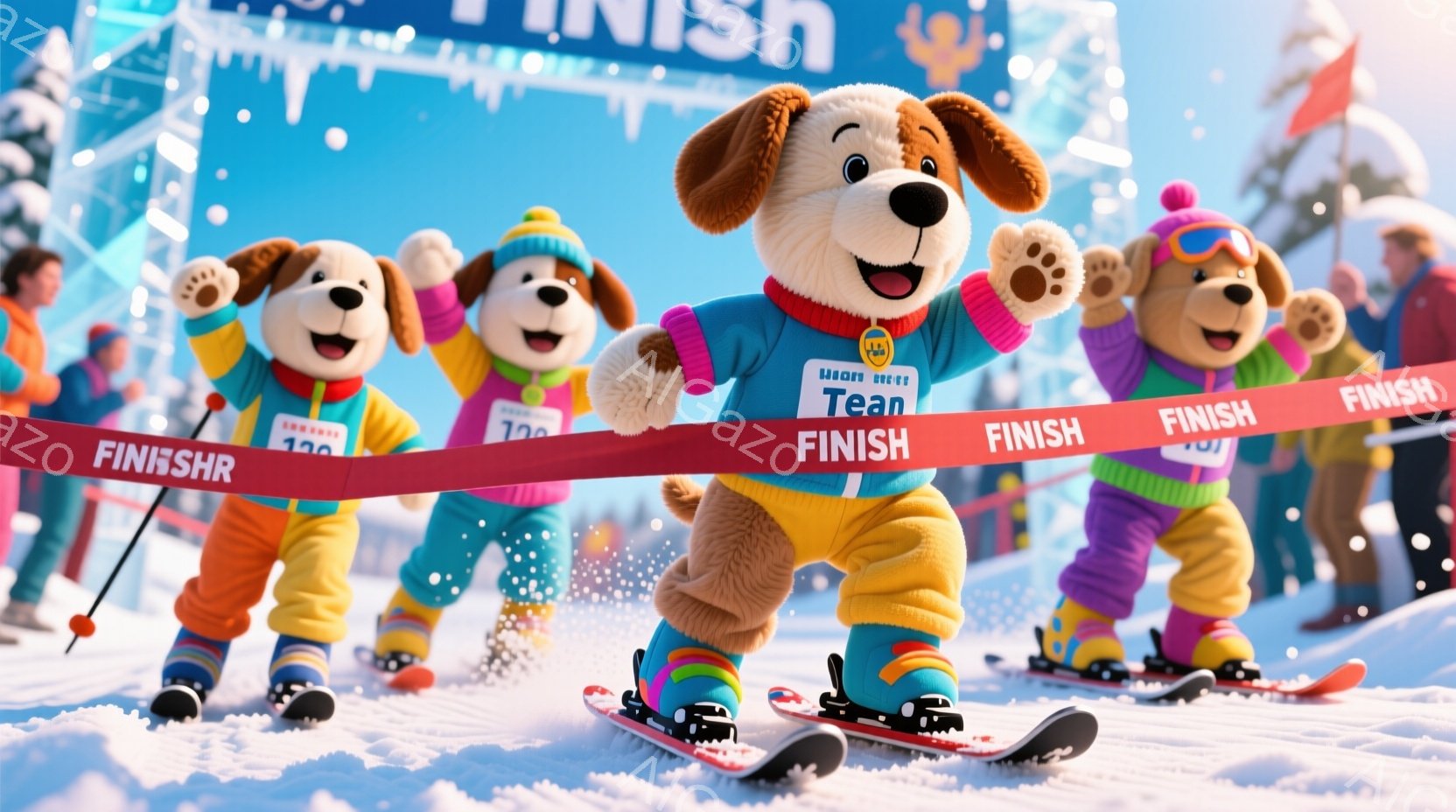 スキーをする犬のキャラクターたちが雪山を疾走している様子が描かれています。紫、ピンク、黄色のスキーウェアに身を包み、それぞれに「Team」と書かれたゼッケンを付けています。背景には雪景色が広がり、フィニッシュラインが張られており、活気のあるウィンタースポーツの雰囲気が伝わってきます。