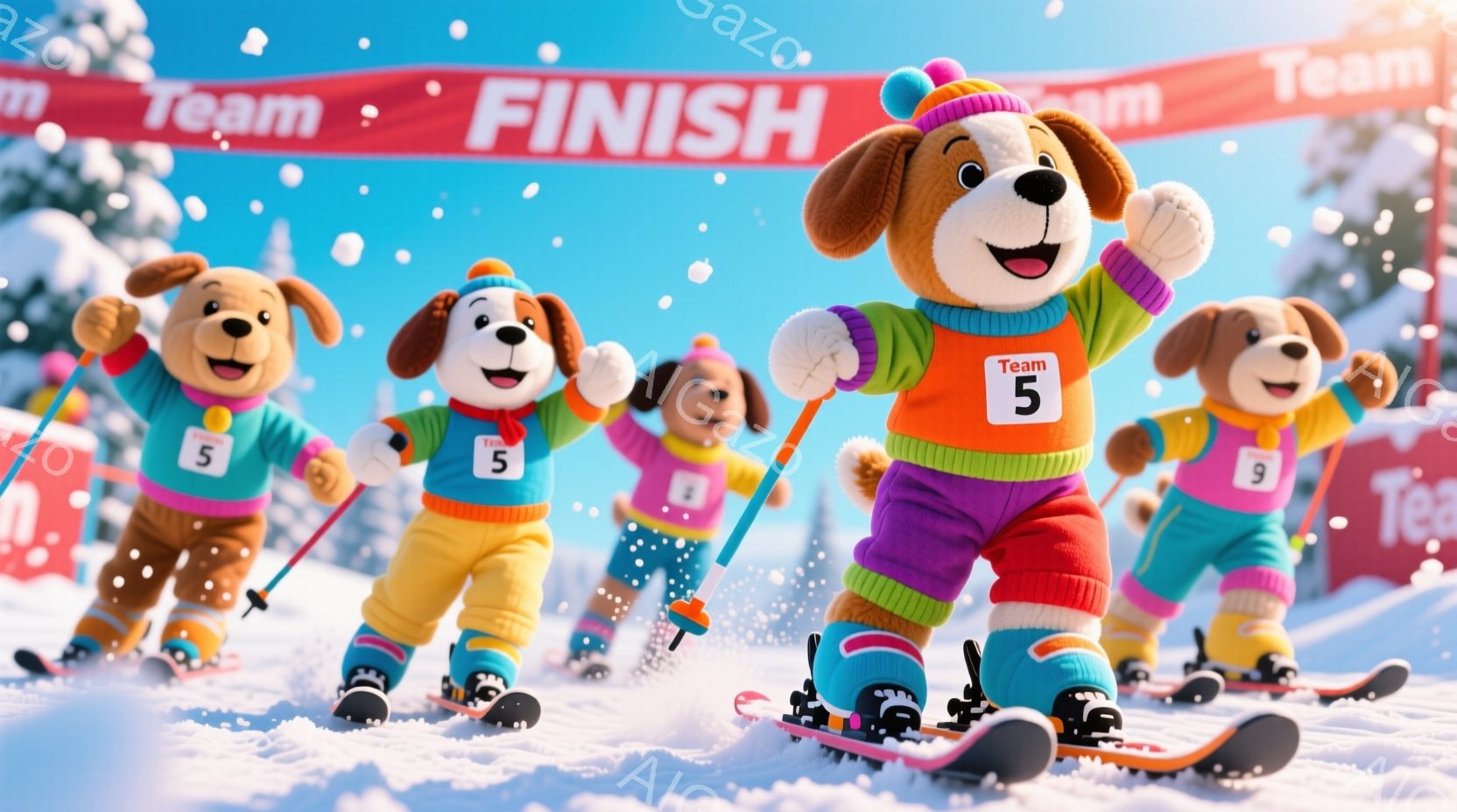 雪景色の中で、スキーウェアを着た犬のキャラクターたちが勢ぞろいしています。各キャラクターはそれぞれ異なる色のウェアと「5」や「9」などの数字が入ったゼッケンをつけており、楽しげにスキーを楽しんでいる様子です。背景には雪山がそびえ立ち、雪が舞う冬のスキー場を表現しています。