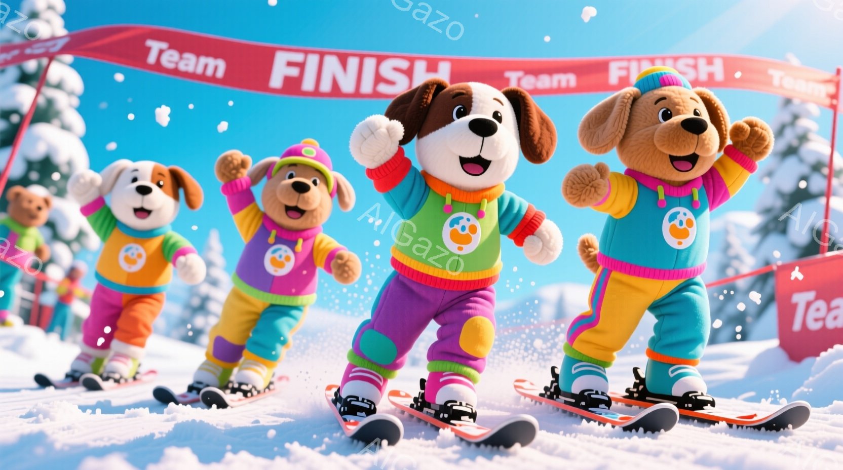雪景色の中で、スキー板に乗り、カラフルなスキーウェアを着た犬のキャラクターたちが勢いよく滑っている様子が描かれています。紫、オレンジ、ターコイズブルーの鮮やかな色使いが特徴で、キャラクターたちは楽しそうな表情で、競技のフィニッシュラインを目指しているようです。背景には雪が降り積もった山々と青空が広がり、冬の活気に満ちた雰囲気を醸し出しています。