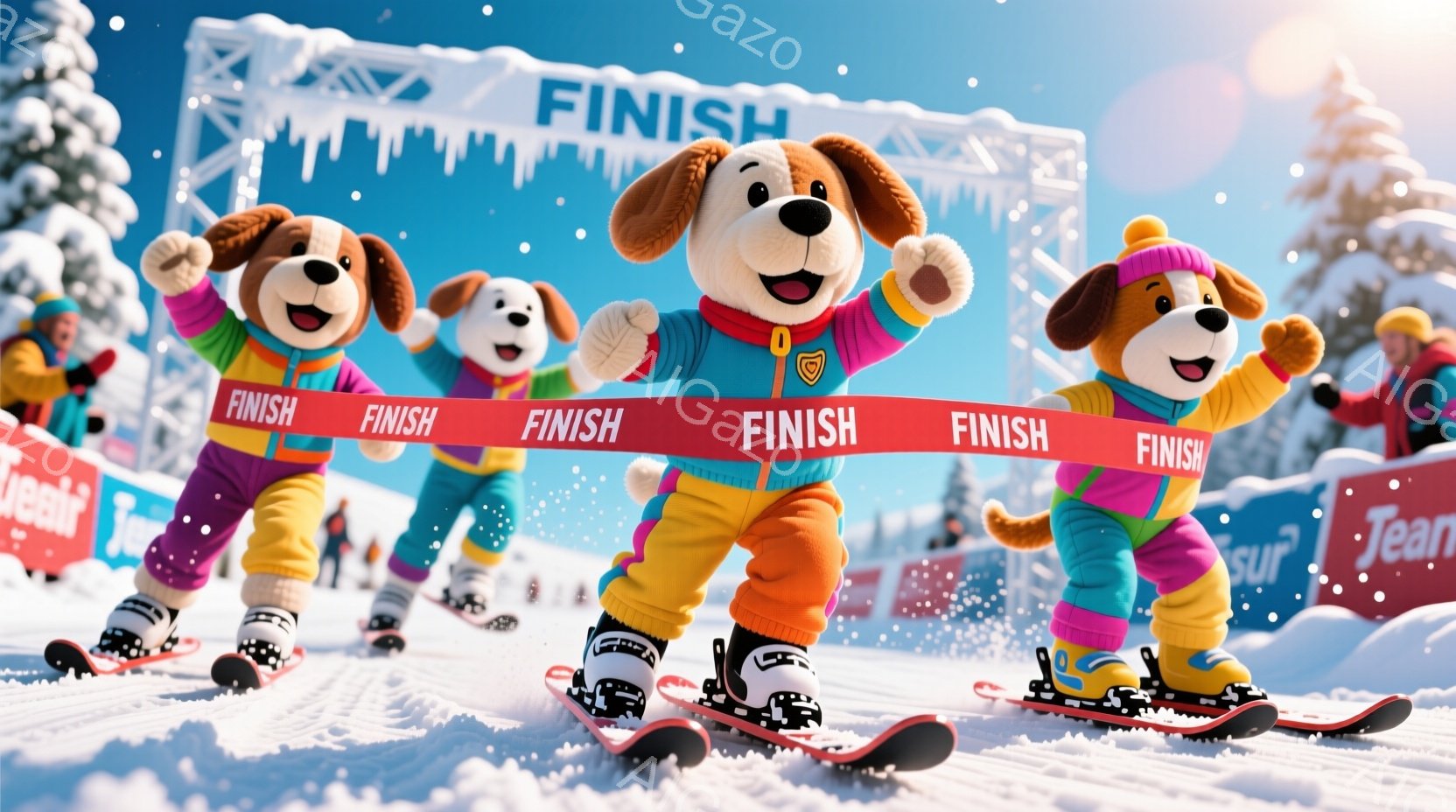 雪景色の中で、スキーをする犬のキャラクターたちが描かれています。カラフルなスキーウェアを身につけ、満面の笑みを浮かべながらフィニッシュラインを通過しています。背景には雪山が広がり、冬の活気ある雰囲気が - AI生成フリー素材