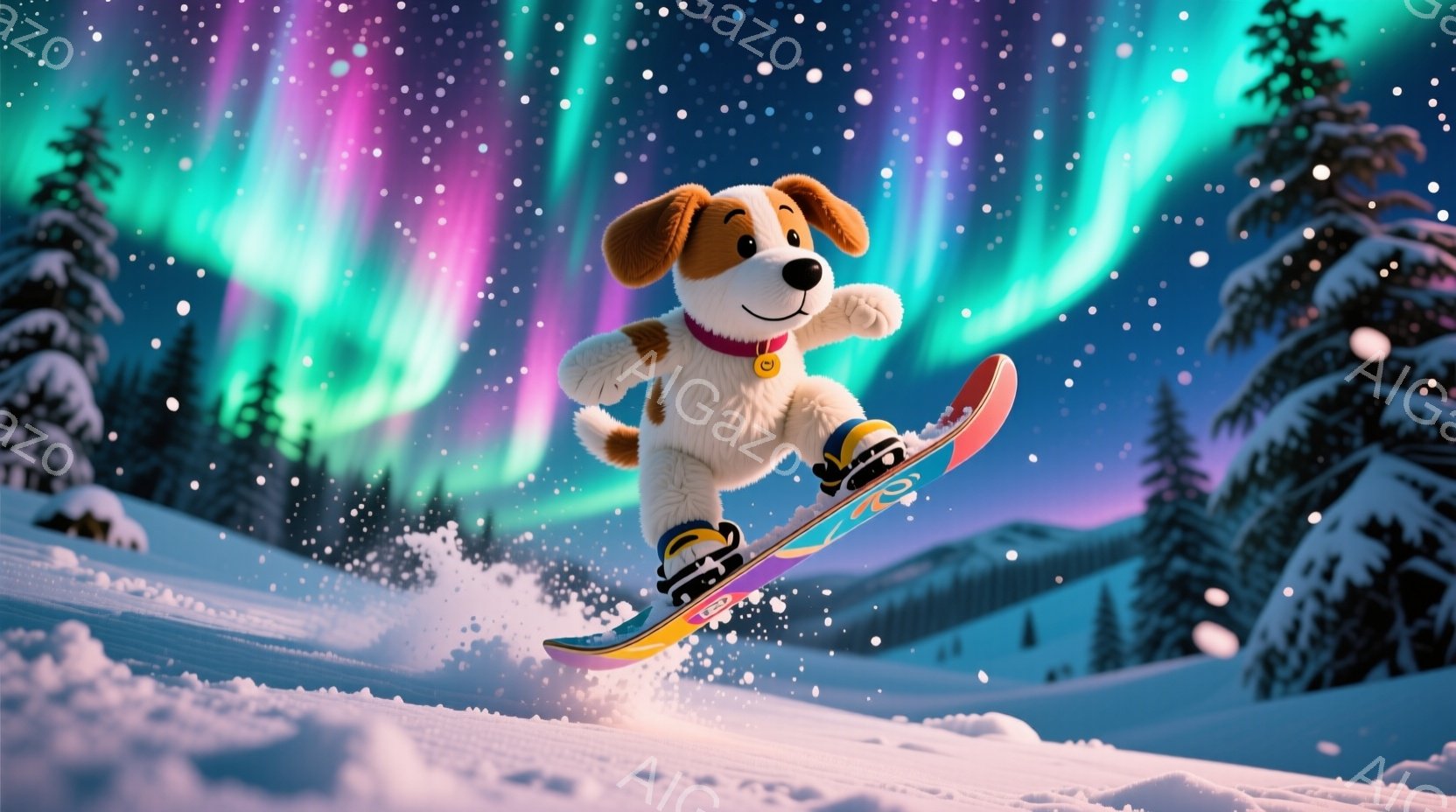 雪山をスノーボードで滑っている犬が描かれています。茶色と白の毛並みで、青いゴーグルと赤いバンダナを身につけており、楽しそうな表情をしています。背景には雪に覆われた木々と、オーロラのような幻想的な光が広がっており、冬の活気と自然の美しさを感じさせます。