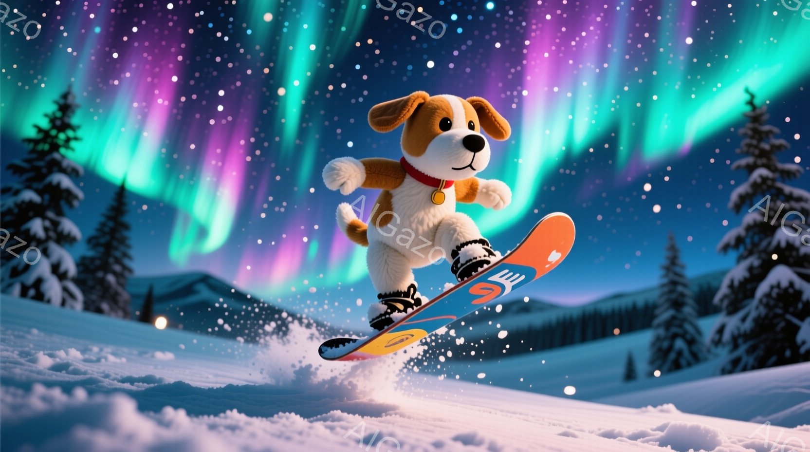 雪景色の中で、スノーボードに乗った茶色の犬がジャンプしている様子が描かれています。犬は赤い首輪を付けており、活発で楽しそうな表情をしています。背景には針葉樹林とオーロラが広がり、幻想的で冬の雰囲気に満 - AI生成フリー素材