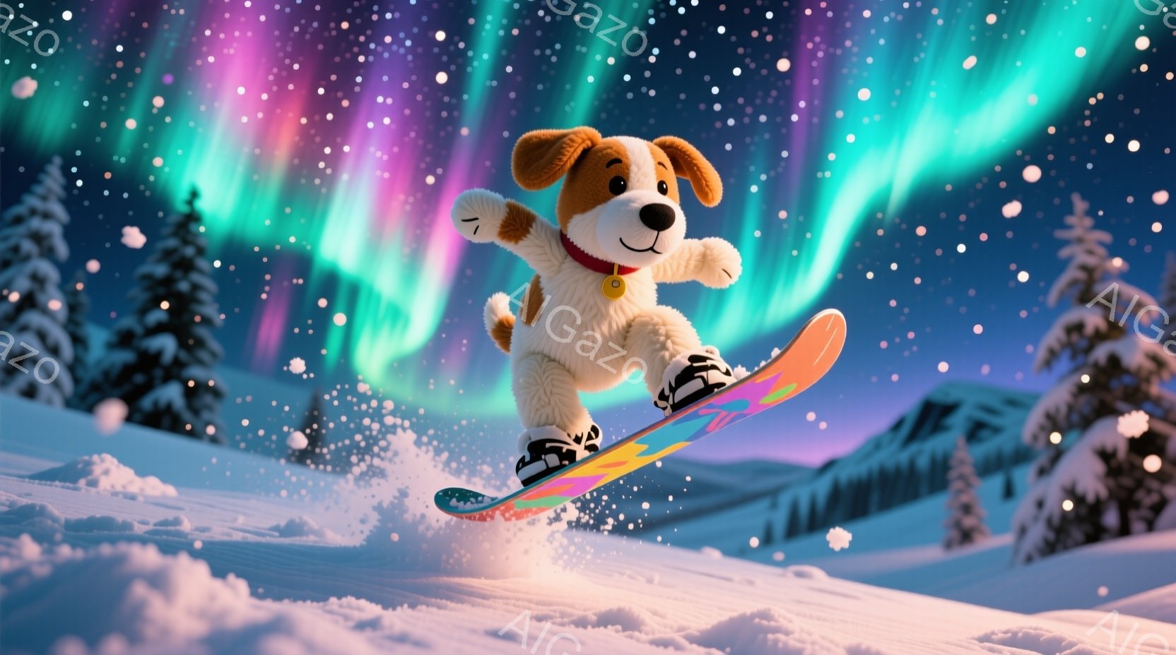 雪景色の中で、かわいらしい犬がスノーボードを楽しんでいる様子が描かれています。茶色と白の毛並みに、赤いバンダナを首に巻き、スノーボードに乗って勢いよく滑走しています。背景には雪に覆われた山々と、オーロラのような美しい光が広がり、冬の幻想的な雰囲気を醸し出しています。