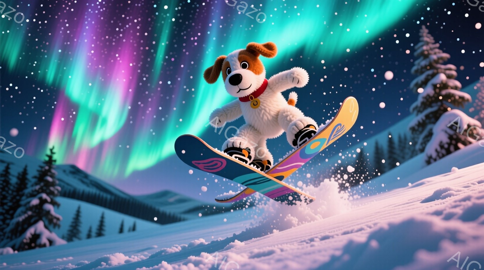 雪山をスノーボードで滑る犬が描かれています。犬は茶色の斑点と短い毛並みで、赤い首輪をしています。背景には、雪に覆われた山々と、オーロラのような鮮やかな光の帯が広がり、活気あふれる冬の雰囲気を醸し出しています。