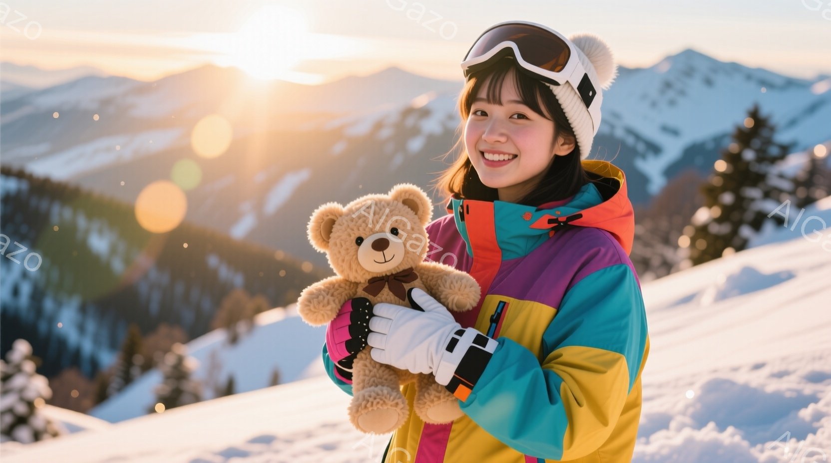 スキーウェアを着た女性が、雪山を背景にテディベアを抱えています。彼女はピンクのハイライトが入った黒髪で、顔には明るい笑顔が浮かび、ゴーグルをかけています。背景には雪をまとった山々が広がり、太陽の光が降 - AI生成フリー素材
