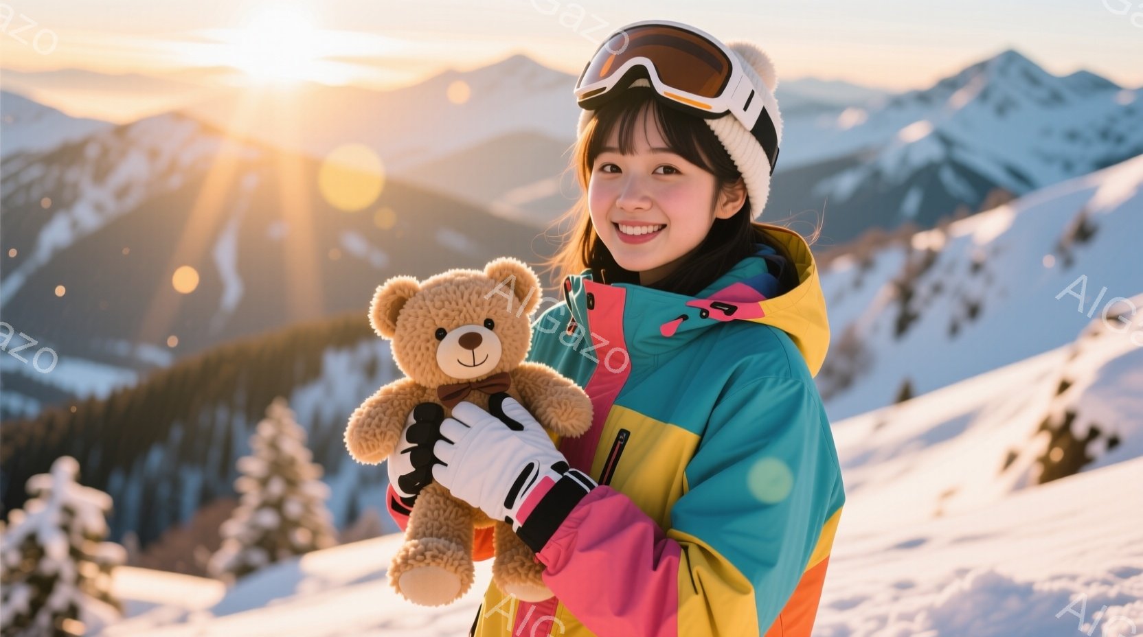 雪山を背景に、カラフルなスキーウェアを着た若い女性が、テディベアを抱えています。彼女は、ピンク色の内張りのフード付きジャケットと白のゴーグルを身に着け、満面の笑みを浮かべています。背景には雪に覆われた - AI生成フリー素材