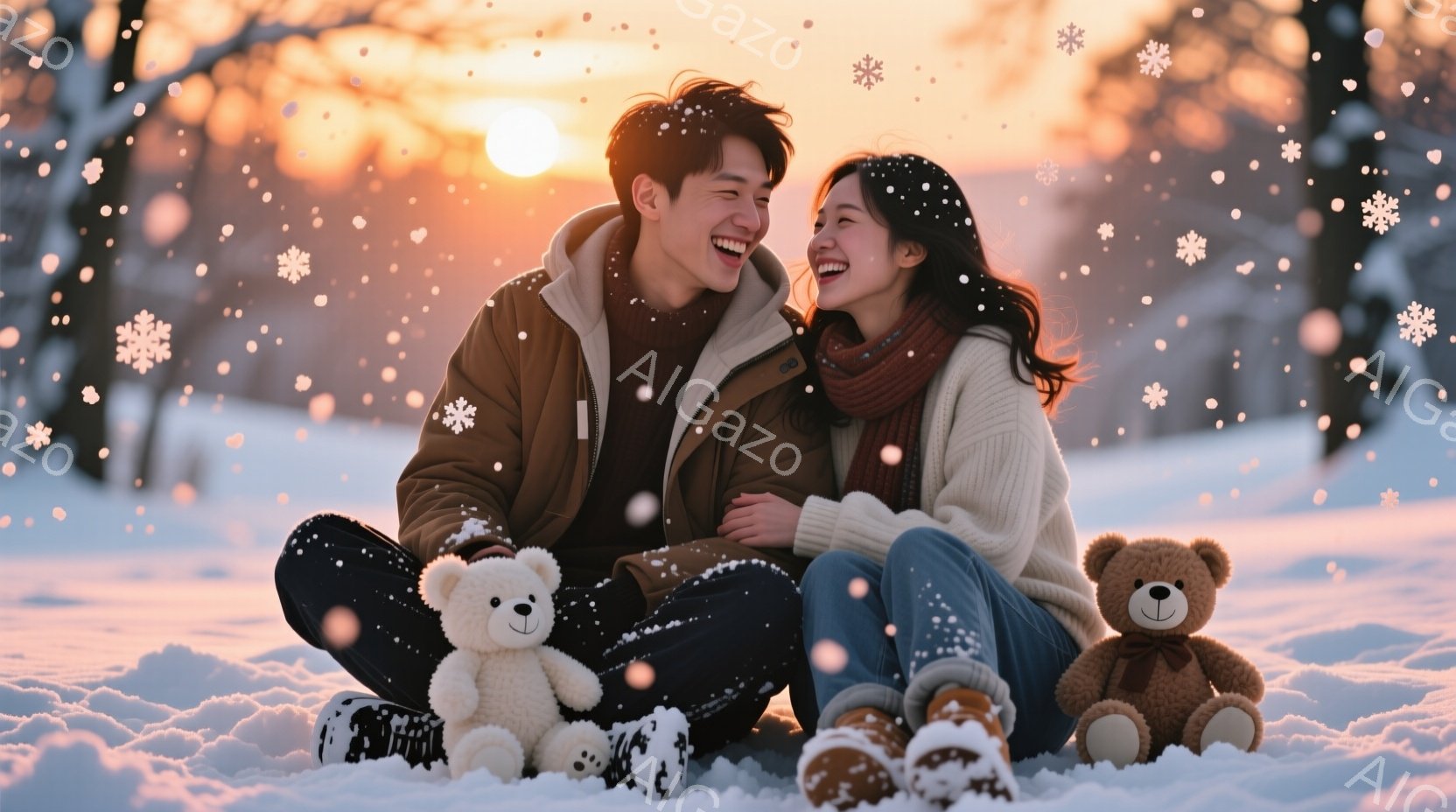 雪景色の中で、若い男女が寄り添って座っている。男性は黒いジャケットにセーターを着ており、女性は白いオーバーサイズのセーターとデニム、オレンジ色のマフラーを身につけている。背景には雪に覆われた木々があり - AI生成フリー素材