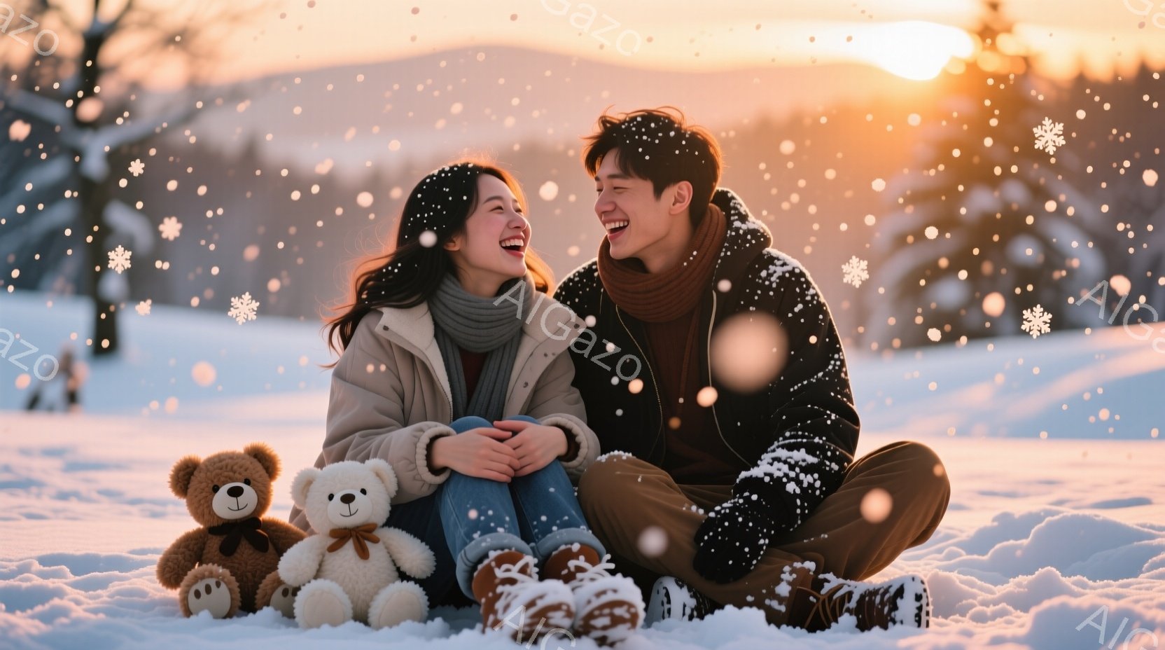 雪景色の中で、若い男女が寄り添って座っている。女性は長い髪を後ろに垂らし、ベージュのジャケットとジーンズ、スノーブーツを履き、満面の笑みを浮かべている。男性も笑顔で、黒いセーターとジーンズ、ブーツを履 - AI生成フリー素材