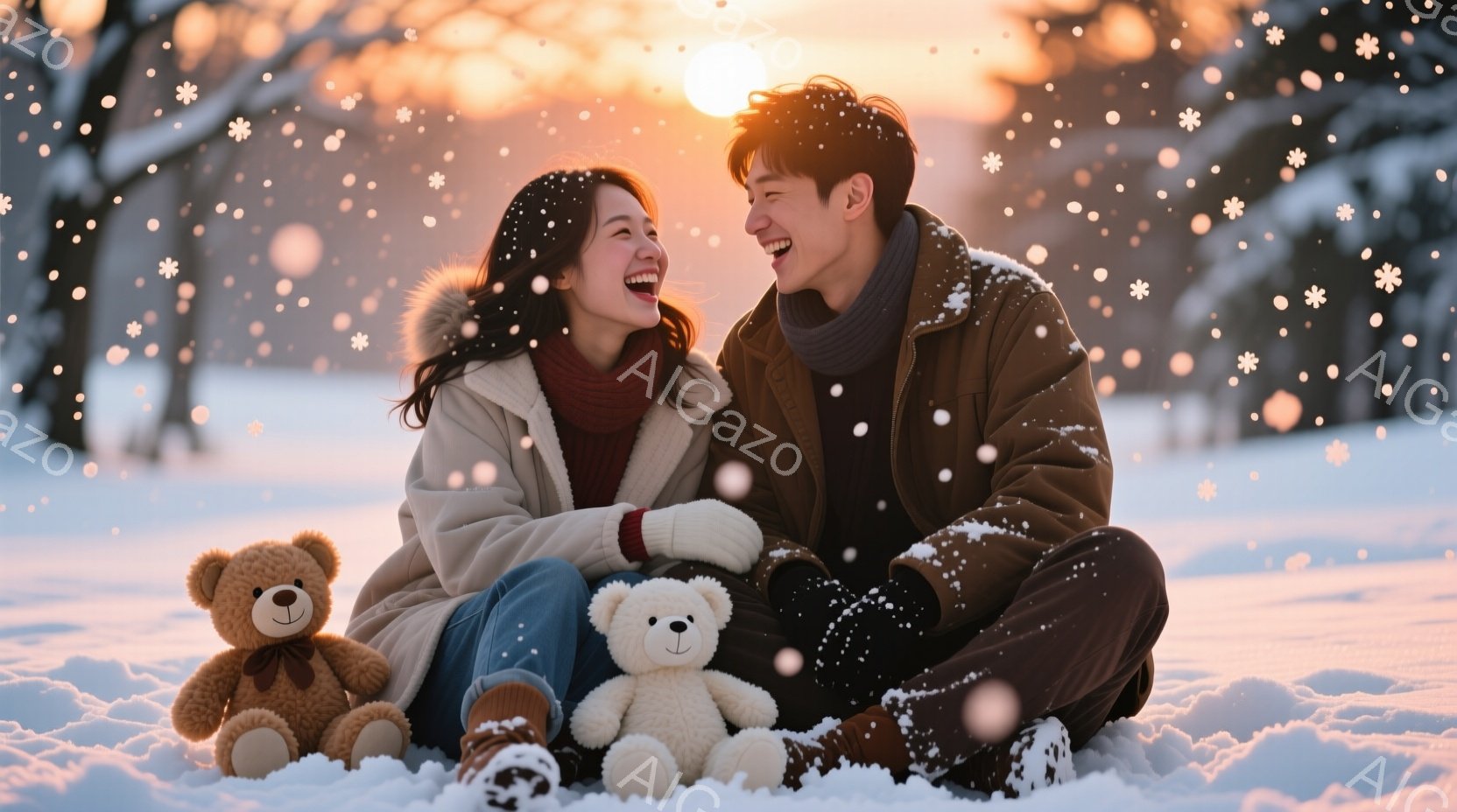 雪景色の中、若い男女が寄り添って座り、満面の笑みを浮かべている。女性はベージュのコートに赤いマフラー、男性は黒のジャケットに薄いピンクのセーターを着ており、それぞれ片側にテディベアが置かれている。背景 - AI生成フリー素材