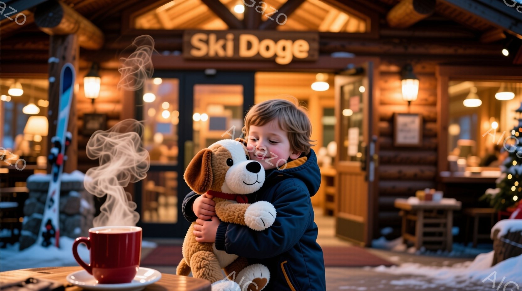 小さな少年が、ふわふわの茶色の犬のぬいぐるみを抱きしめています。少年は濃い青色のジャケットを着ており、金髪の髪が少し乱れています。背景には木造の建物が見え、暖炉の光が温かい雰囲気を醸し出しており、雪が - AI生成フリー素材