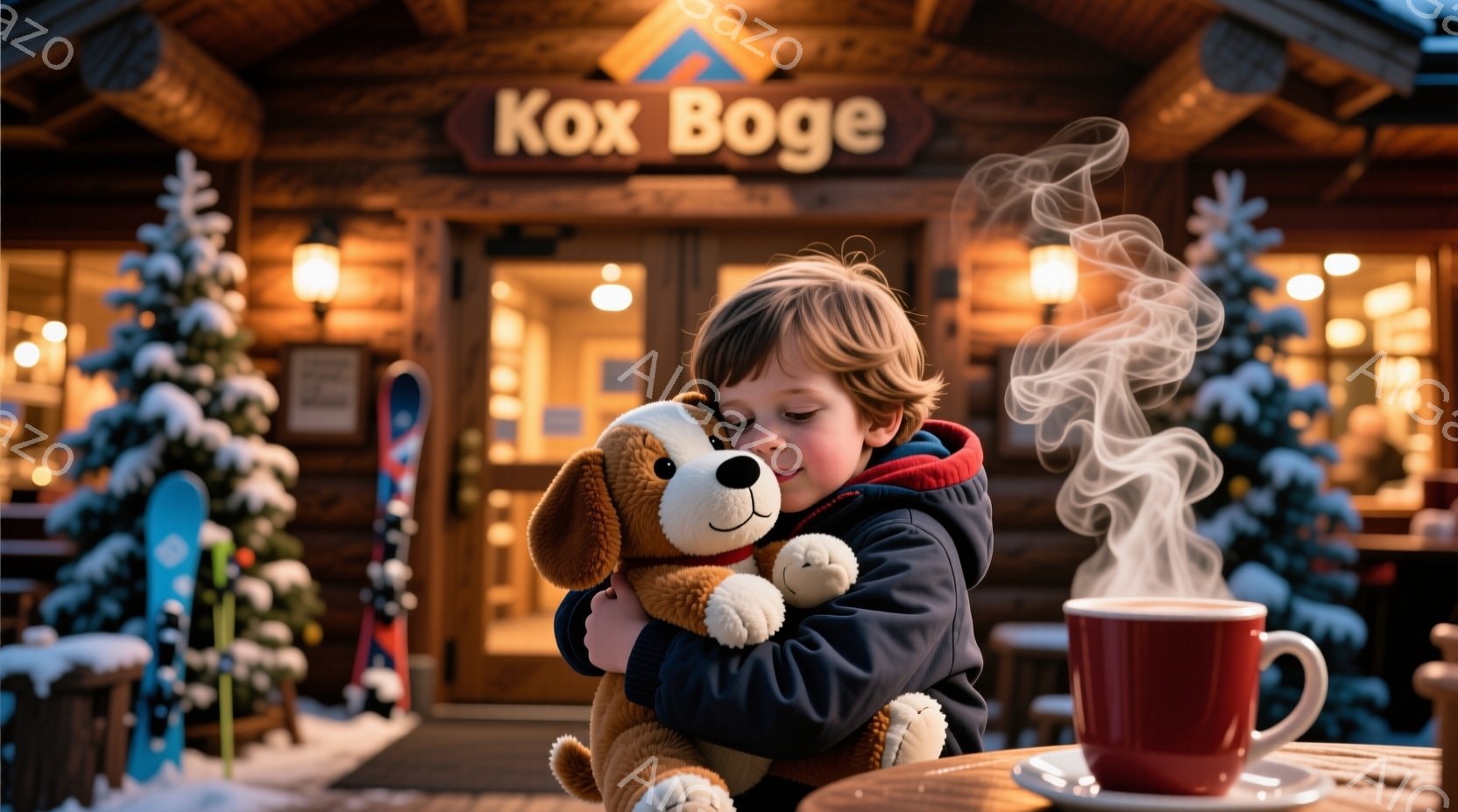 少年は赤いジャケットを着て、ぬいぐるみの子犬を強く抱きしめています。彼の髪は少しカールしており、目は閉じて穏やかな表情をしています。背景には、雪で覆われた木々やスキー板が並び、暖かい光が灯る建物の入り - AI生成フリー素材