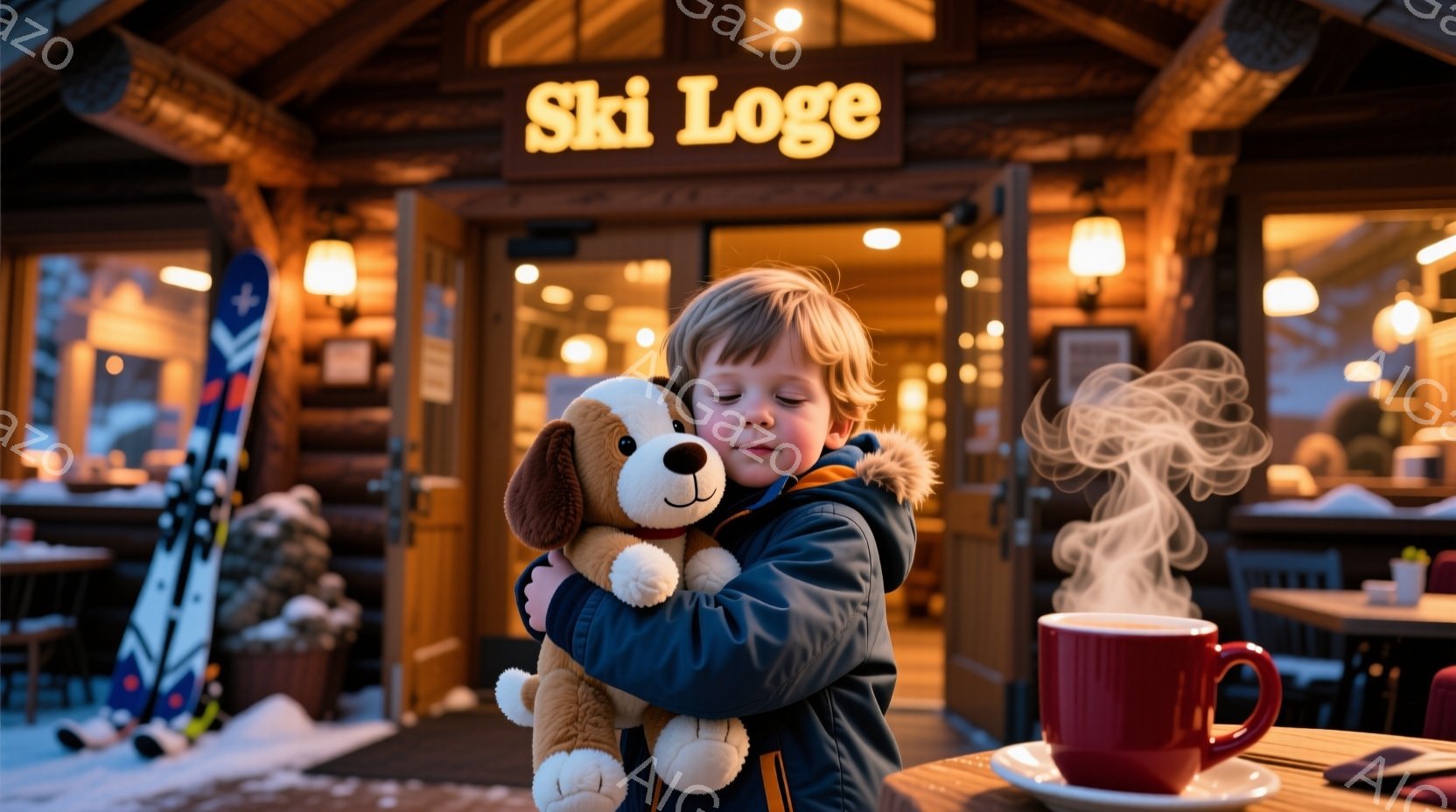 金髪の少年が茶色のぬいぐるみ犬を強く抱きしめています。少年の服装は濃い青色のジャケットでオレンジ色のラインが入っており、暖かく過ごせるように見えます。背景にはスキーリゾートのロッジが見え、暖かく光っていて、雪が降っている中、温かい飲み物が入った赤いカップがテーブルの上に置かれています。