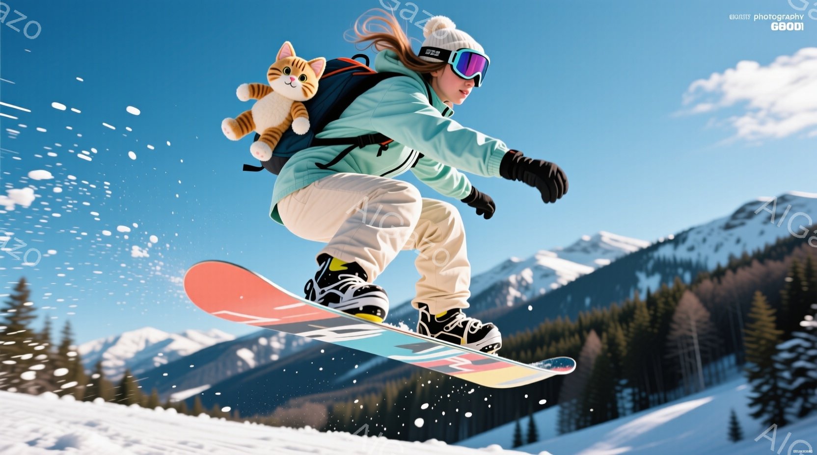 スノーボードを楽しむ女性が写っています。彼女はピンク色のハイライトが入ったポニーテールにし、青いゴーグルと白いジャケット、ベージュ色のズボンを着用しています。背景には緑の針葉樹林と雪を抱いた山々が広が - AI生成フリー素材