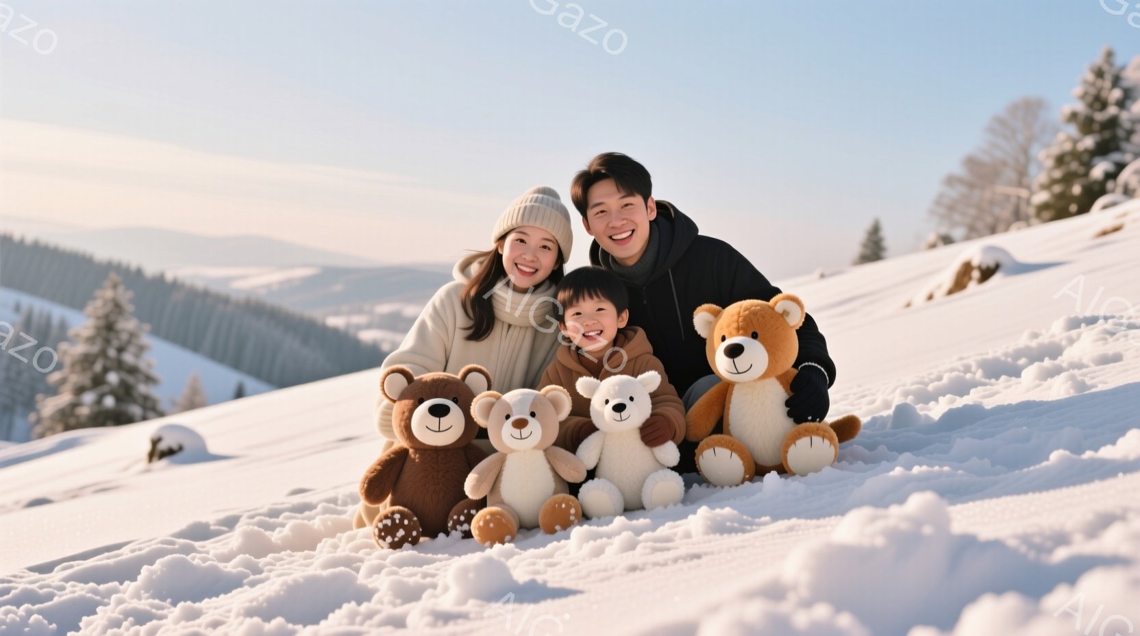 雪景色の中で、家族とテディベアが写っている。母親はベージュのニット帽とセーターを着ており、笑顔でカメラを見ている。父親は黒いパーカーを着ており、娘とその隣に座っている娘は白いコートを着て、同じように笑 - AI生成フリー素材