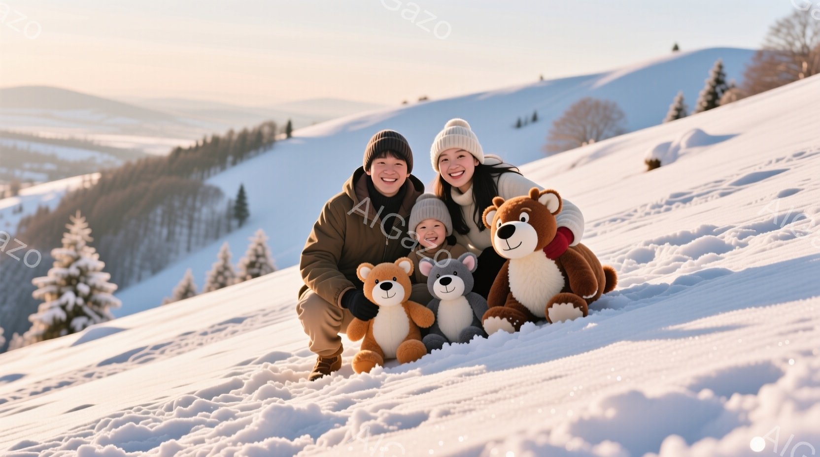 雪景色の中で、家族が可愛らしいテディベアと一緒に写っています。父親は茶色のジャケット、母親は白いニット帽をかぶり、子どもは同じくニット帽とダウンジャケットを着て、皆笑顔でカメラを見ています。背景には雪 - AI生成フリー素材