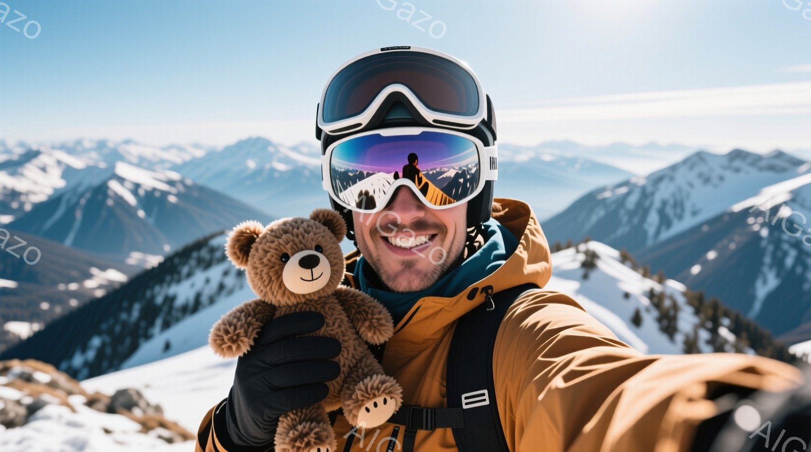 彼は鮮やかなオレンジ色のスキーウェアと黒い手袋を着用し、笑顔でテディベアを抱えています。彼のゴーグルには雪山の反射が映り込み、背景には雪に覆われた山々が広がっています。晴天で雪景色が広がり、全体的に活 - AI生成フリー素材