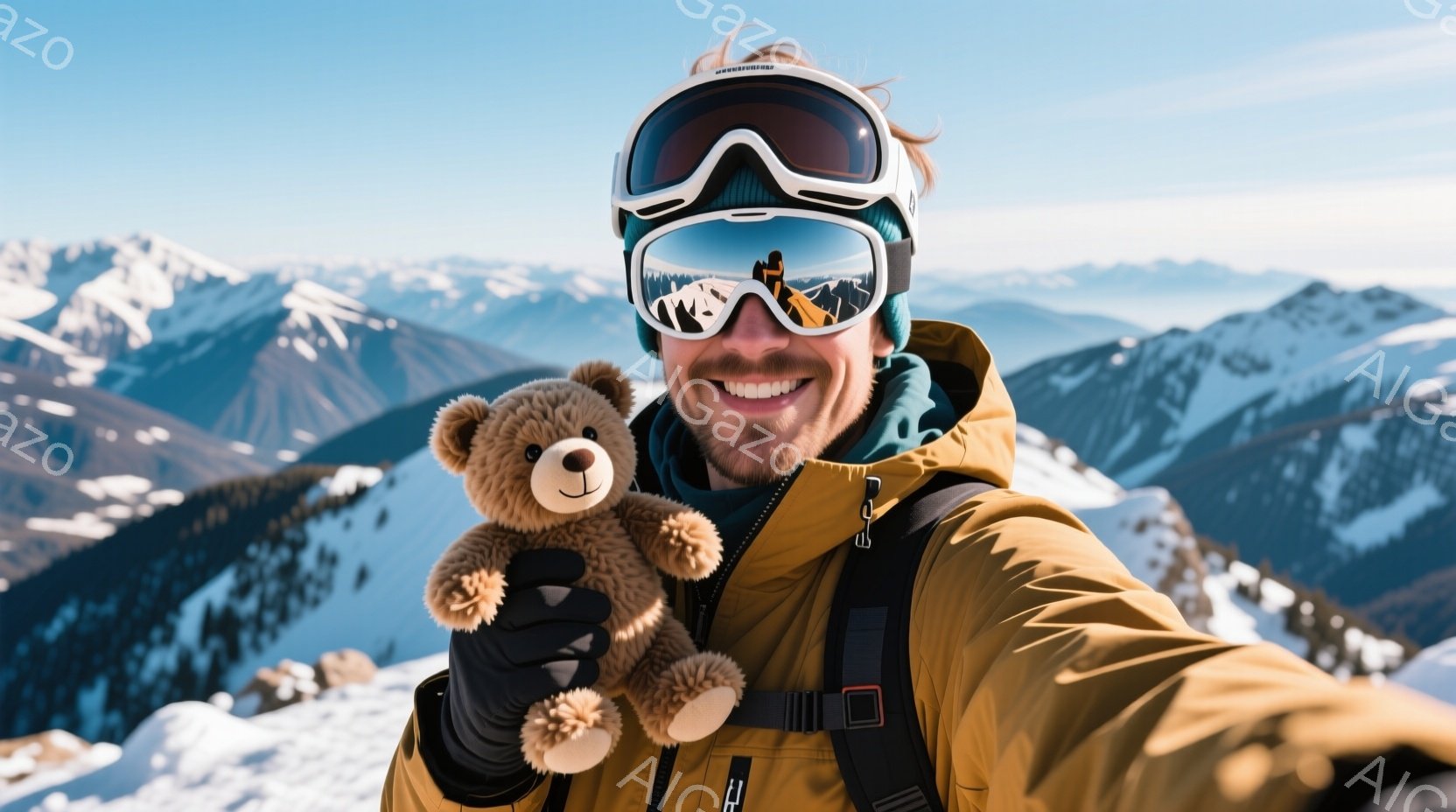 雪山を背景に、笑顔の男性がぬいぐるみを持って自撮りしている写真です。彼は黄色いジャケットと黒い手袋を着用し、ゴーグルには雪山が映っています。背景には雪を頂いた山々が広がり、晴天で明るい雰囲気が漂っています。