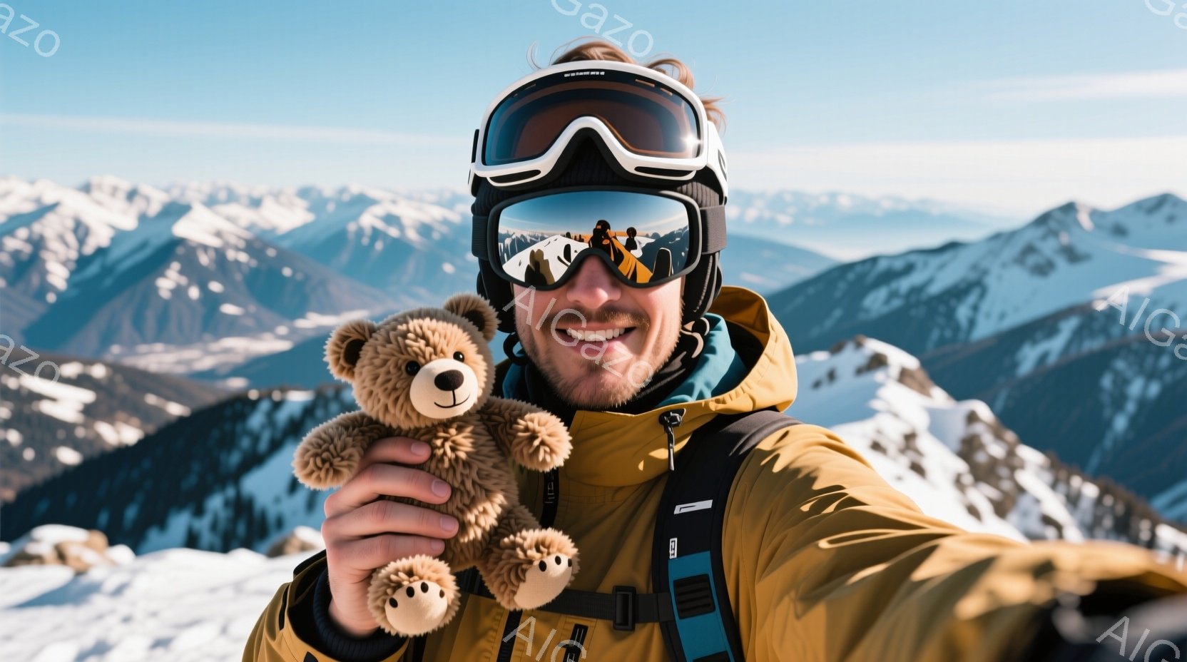 鮮やかな黄色いスキーウェアに身を包んだ男性が、テディベアを抱え、カメラに向かって微笑んでいます。背景には雪を抱いた山々が広がり、晴天の下、冬の素晴らしい景色が広がっています。彼のスキーゴーグルには山々 - AI生成フリー素材