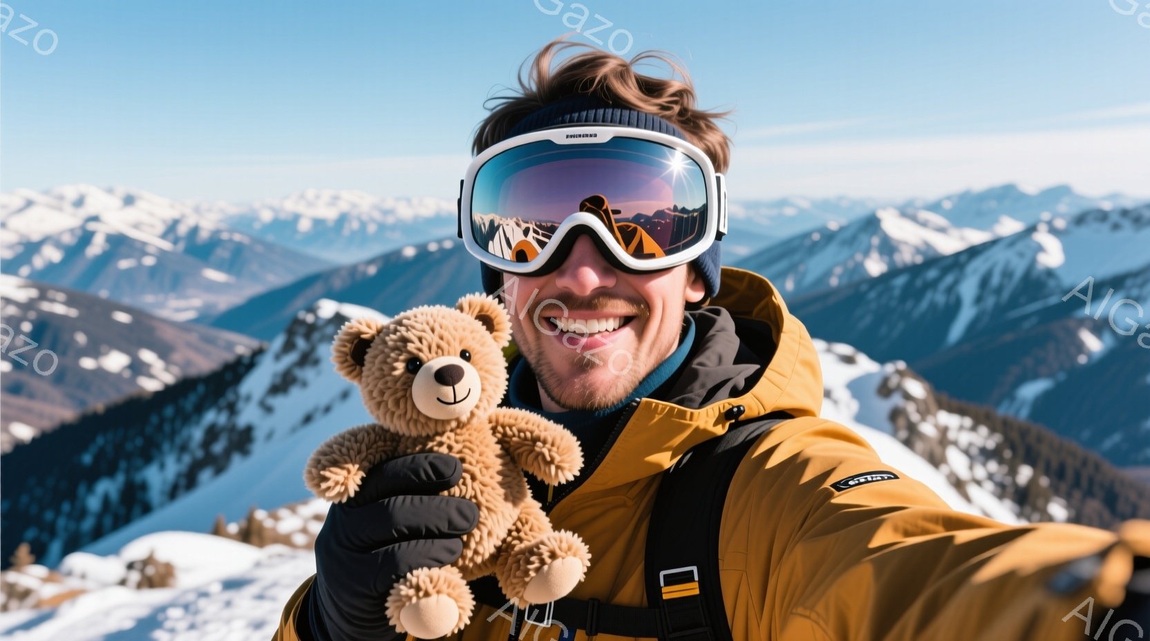 鮮やかな青空を背景に、スキーウェアを着た男性が正面を向いて微笑んでいます。彼は黒いゴーグルを着用し、片手にテディベアを抱えています。背景には雪を被った山々が広がり、冬の澄んだ空気を感じさせる景色です。 - AI生成フリー素材