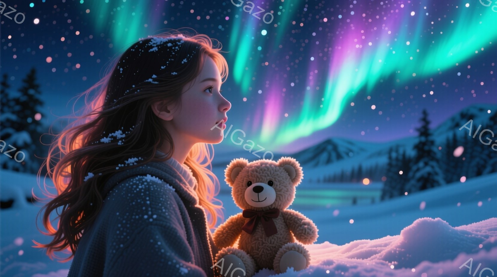 長い茶色の髪をなびかせ、厚手のセーターを着た少女が雪の中に立っている。彼女は顔を少し上げ、遠くのオーロラを見つめているような表情をしており、隣には小さな茶色のテディベアを抱きしめている。背景には雪に覆 - AI生成フリー素材
