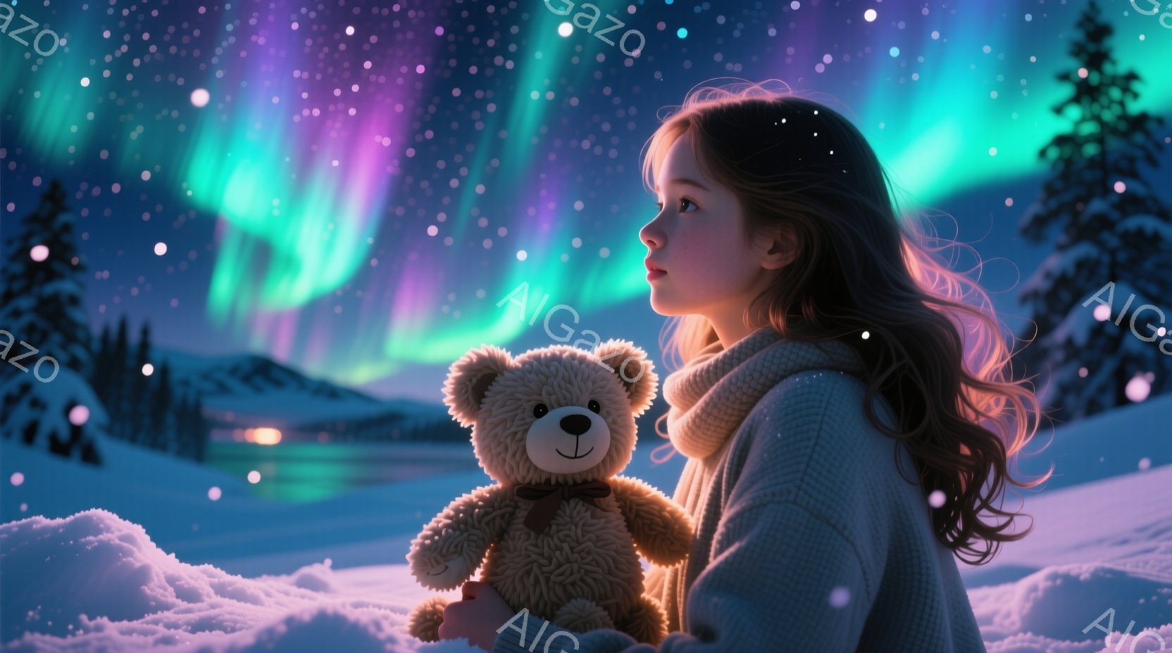 長い茶色の髪を無造作に垂らし、白いセーターとスカーフを身につけた少女が、雪原に座ってテディベアを抱きかかえています。背景には、オーロラが輝き、遠くに雪に覆われた山々と水面が見えます。全体的に、幻想的で - AI生成フリー素材