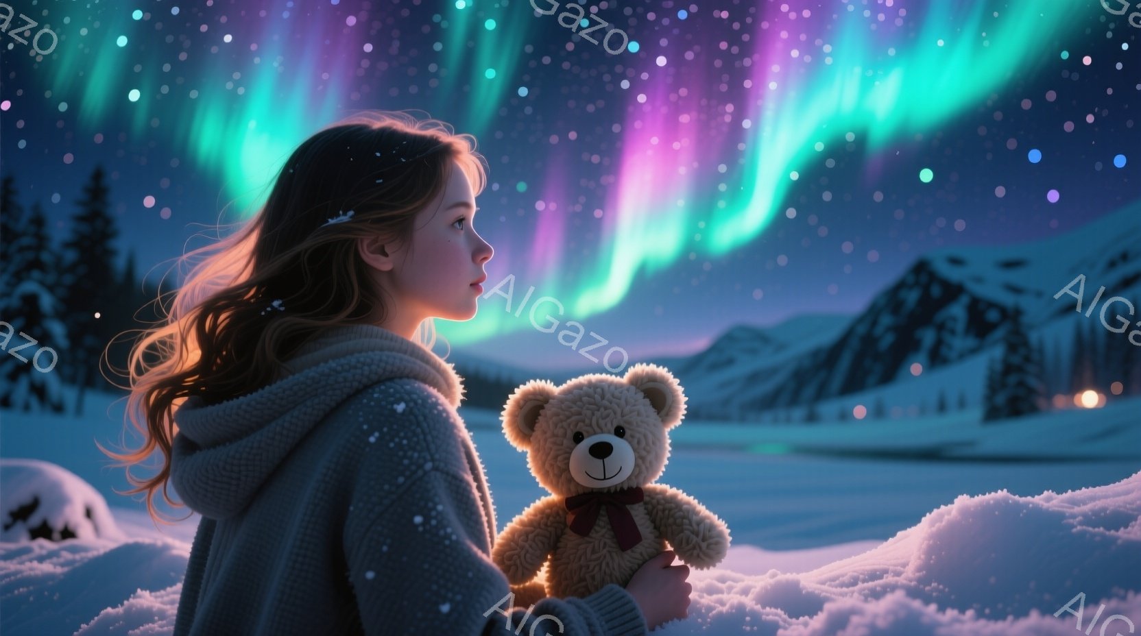 長い茶色の髪をなびかせた少女が、雪原でテディベアを抱きしめて立っている。彼女は薄いグレーのセーターを着ており、背中越しに見ると横顔がわずかに見える。背景には、オーロラが輝き、遠くには雪をかぶった山々が連なり、幻想的な冬景色が広がっている。