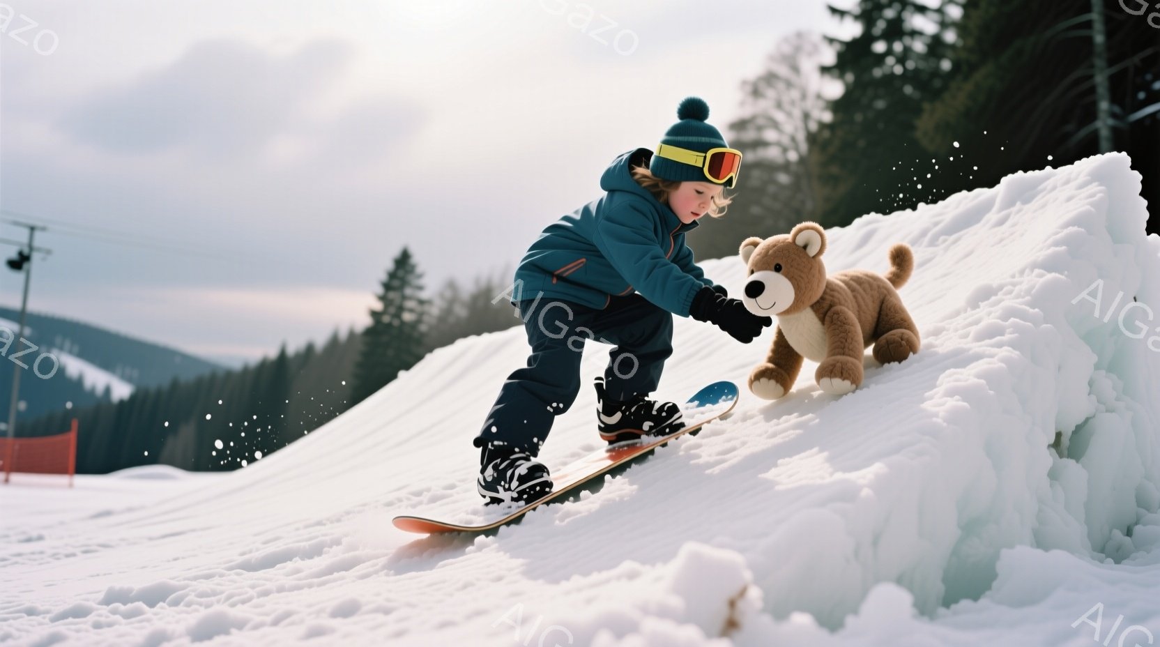 雪山でスノーボードを楽しむ少年が写っている。彼は青色のジャケット、黒色のズボン、オレンジ色のニット帽、ゴーグルを着用し、集中した表情でボードに乗っている。背景には針葉樹林が広がり、雪が舞う冬の景色が広がっている。