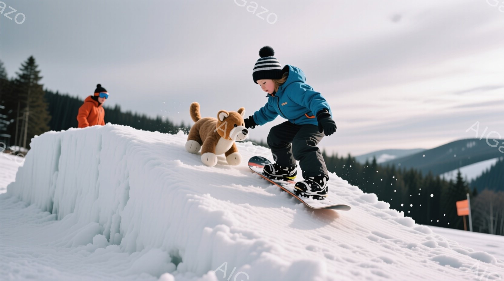 雪山の中で、少年がスノーボードに乗って雪の壁を滑り降りています。彼は青いジャケット、黒いズボン、帽子を着用しており、表情は真剣です。背景には緑の木々が広がり、雪が舞い散る冬の景色が広がっています。