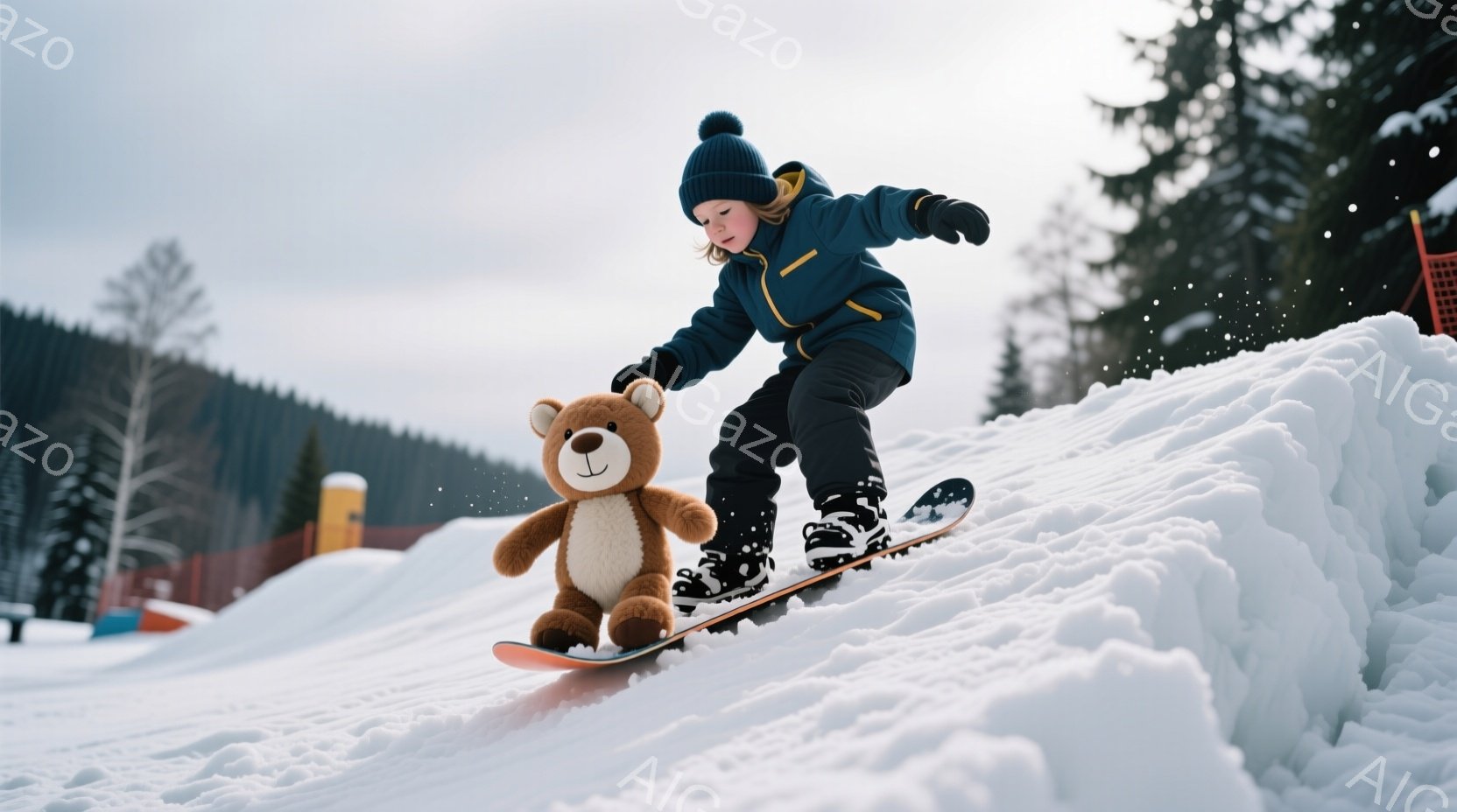 雪山をスノーボードで滑っている少年と、その横に置かれたテディベアが写っています。少年は紺色の帽子と黒いジャケット、黒いズボンを身につけ、集中した表情でスノーボードに乗っています。背景には雪に覆われた木 - AI生成フリー素材