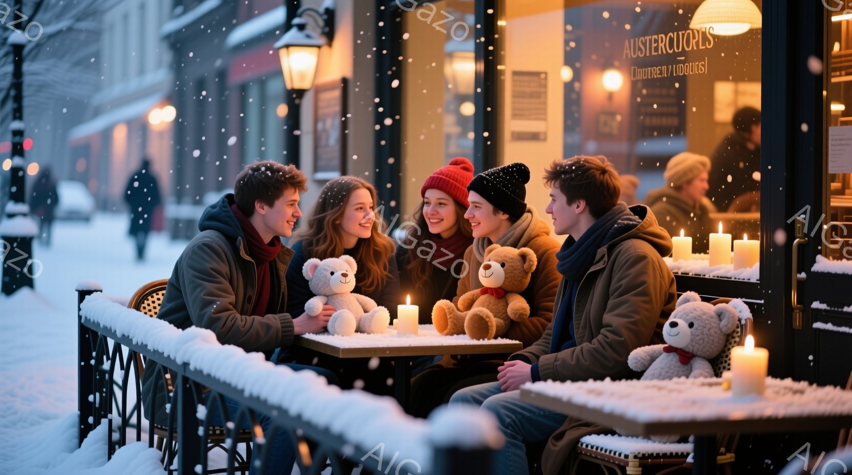 暖炉の光が灯る雪の降る夜、四人の若者がカフェの屋外席で親密に談笑している。彼らは皆、冬らしい暖かい服装で、笑顔を浮かべ、テーブルにはテディベアと灯されたキャンドルが置かれている。背景には、雪に覆われた - AI生成フリー素材