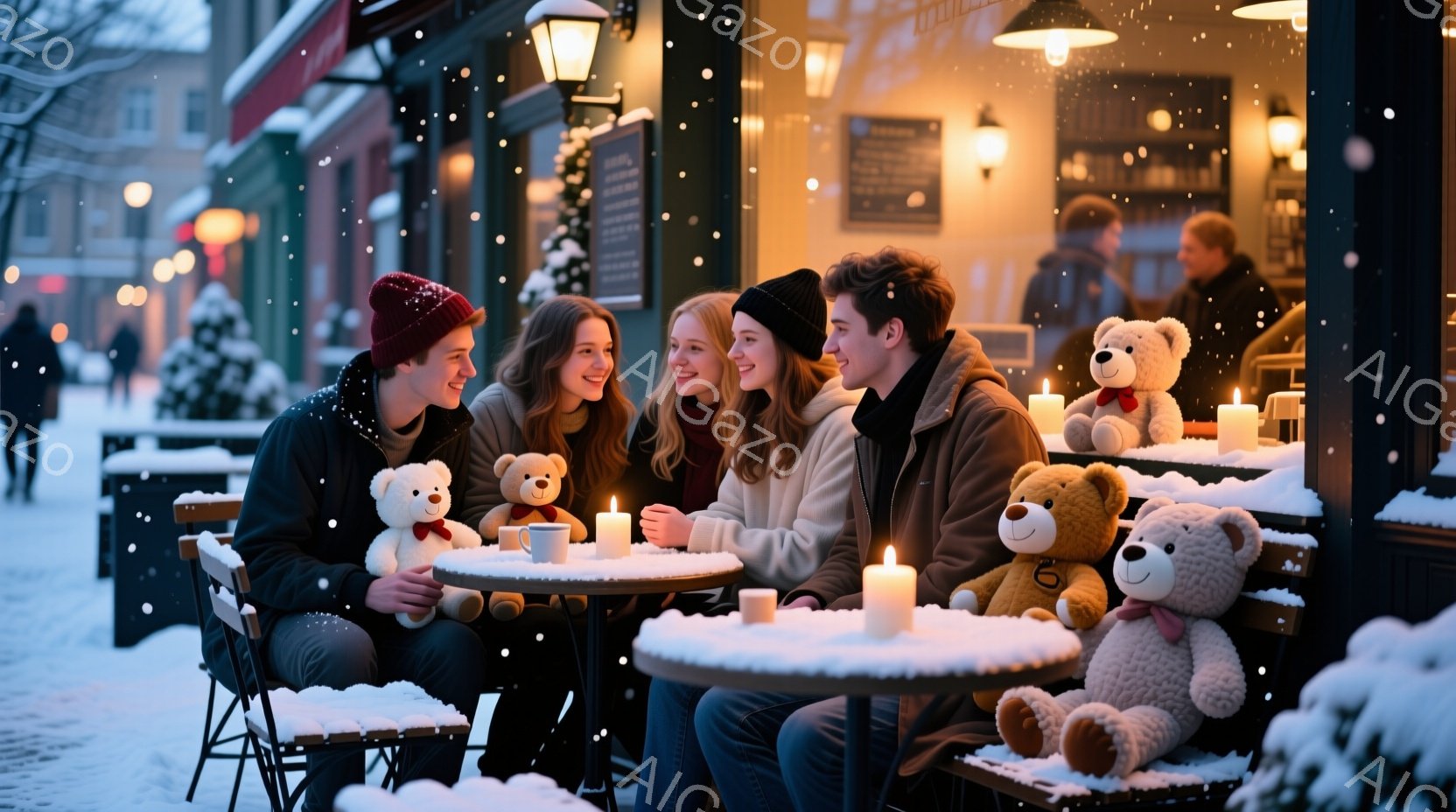 吹雪の中、暖かくライトアップされたカフェのテラス席で、若い男女4人が親しげに談笑している。彼らはそれぞれニット帽やジャケットなど冬らしい服装で、顔には笑顔が浮かび、リラックスした様子が伺える。背景には - AI生成フリー素材