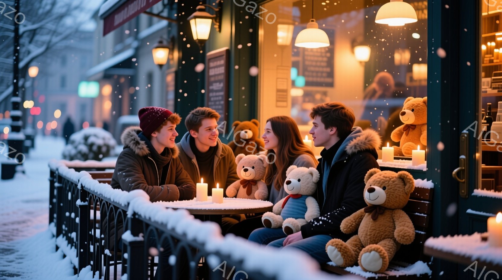 雪が降る夜、カフェのテラス席に若い男女が座っている。赤いニット帽をかぶった女性、茶色の髪の男性、ロングヘアの女性、そして黒いフード付きジャケットを着た男性は皆、笑顔で何かを話しているようで、テーブルに - AI生成フリー素材