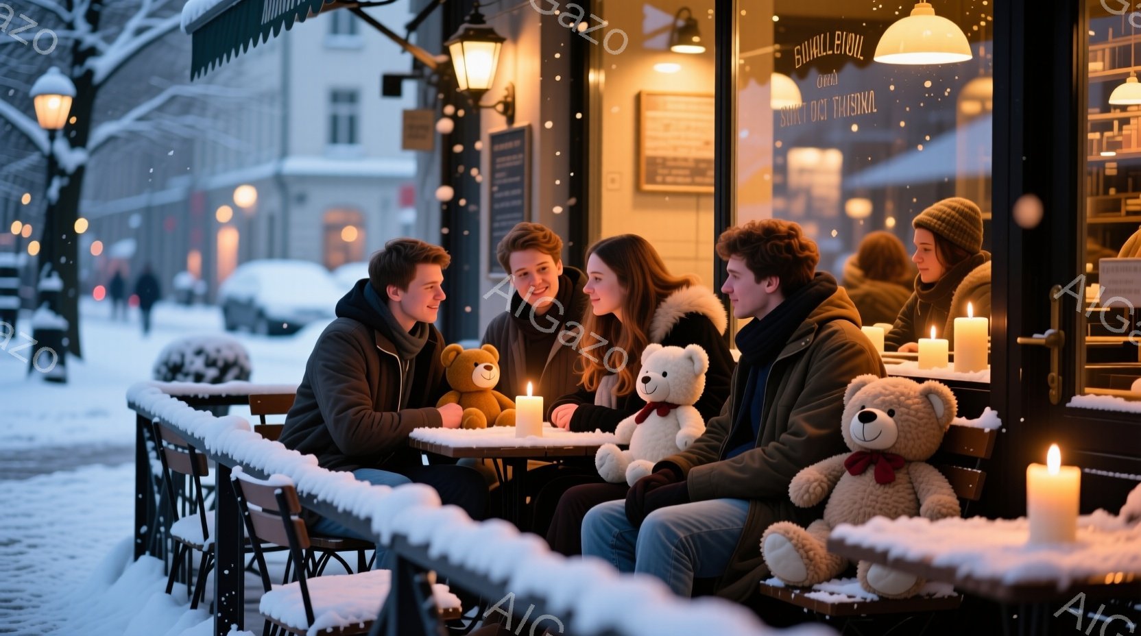 雪が降り積もる街並みの中に、屋外のカフェのテラス席に座る若い男女グループが写っている。彼らは冬用のコートを着ており、暖かく見えるように服を着込んでいる。テーブルの上にはキャンドルと大きなテディベアが置かれ、楽しそうな雰囲気が漂っている。