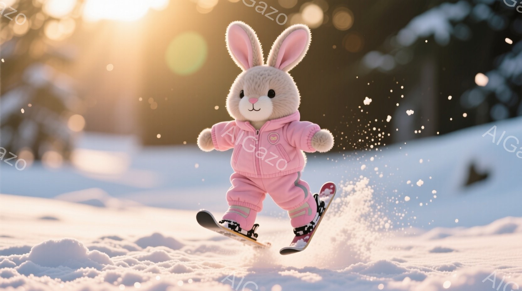 ふわふわのピンク色のスノーボードウェアを身につけたウサギが、雪の上をスノーボードで滑っている様子が描かれています。ウサギは明るい表情で、雪煙を巻き上げながら楽しそうに滑走しています。背景は白い雪景色で、夕焼けのような暖色の光が差し込み、冬の暖かく穏やかな雰囲気を醸し出しています。