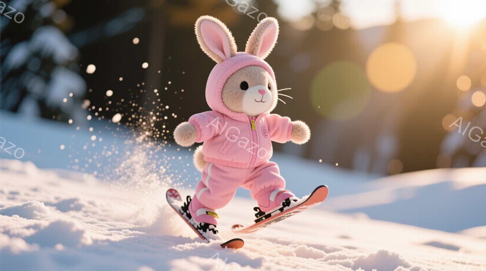 ふわふわのピンク色のスキーウェアを着たウサギが、雪の上をスキーで滑っている。ピンク色のウェアには小さなロゴが描かれており、ウサギは楽しそうに前を見据え、スキーを楽しんでいる様子が伺える。背景は雪景色で - AI生成フリー素材