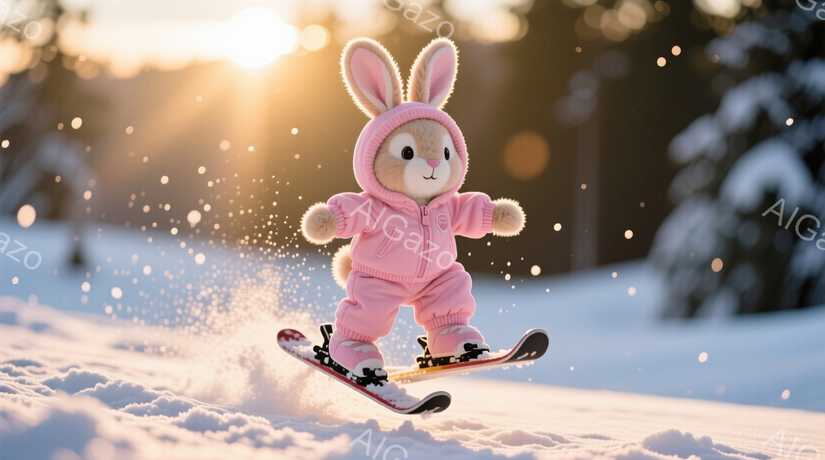 ピンク色のスキーウェアを着たウサギが雪の上を滑走している。背景には雪に覆われた木々があり、太陽の光が差し込み、粉雪が舞う冬の景色が広がっている。ウサギは楽しそうに滑っており、その表情は明るく、躍動感に満ちている。