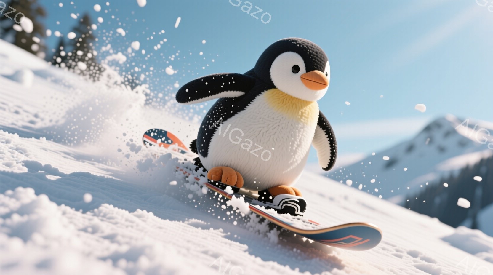 雪山をスノーボードで滑るペンギンのイラストです。ペンギンは白い腹部と黒い背中を持ち、オレンジ色の足と嘴で、楽しそうにスノーボードに乗っています。背景には雪山が広がり、雪が舞う冬の景色が広がっています。 - AI生成フリー素材