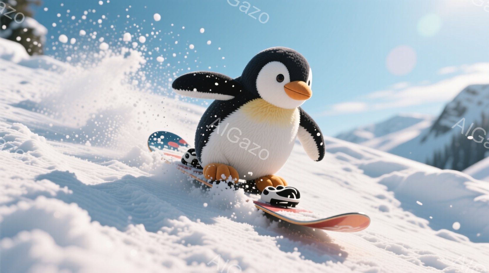 白い雪の上を、かわいいペンギンがスノーボードで滑っている様子が描かれています。ペンギンはオレンジ色のくちばしと足を持ち、黒い斑点が入った白い体と、黒い羽を持っています。背景には雪山がそびえ立ち、晴れた - AI生成フリー素材