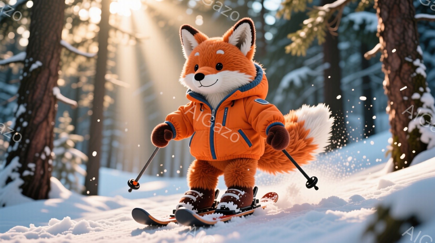 オレンジ色のスキーウェアを着たキツネが、雪の上をスキースティックを持って立っています。背景には雪に覆われた木々が立ち並び、雪が舞う冬の森の様子が描かれています。全体的に温かみのある雰囲気で、可愛らしいキツネが冬の景色の中で楽しんでいる様子が伝わってきます。