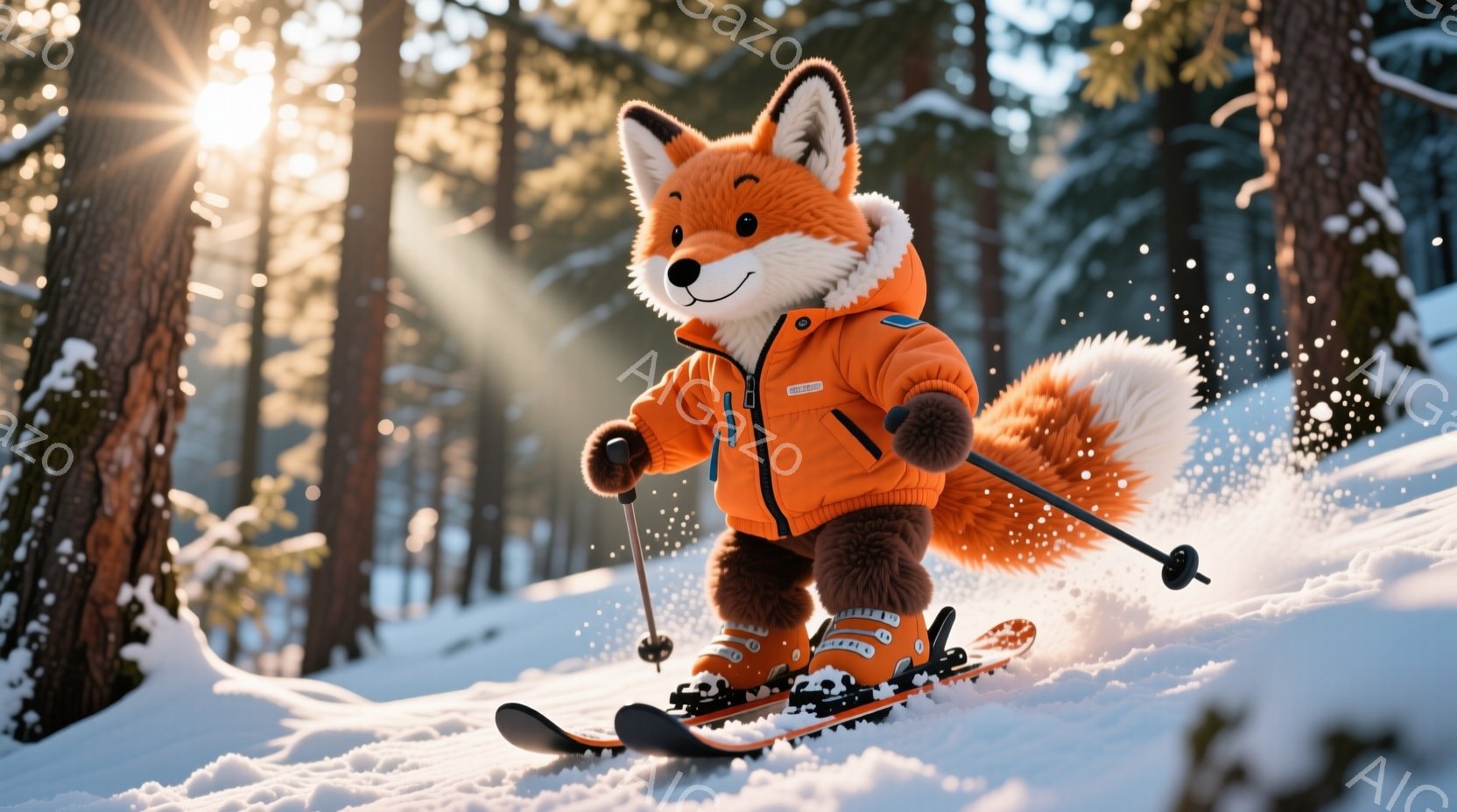 オレンジ色のスキーウェアを着たキツネが雪の上をスキーを楽しんでいます。ふさふさの尻尾と元気な表情が可愛らしく、スキー板を巧みに操りながら雪煙を上げています。背景には雪に覆われた木々が立ち並び、太陽の光が差し込む冬の森の静かで美しい雰囲気が漂っています。