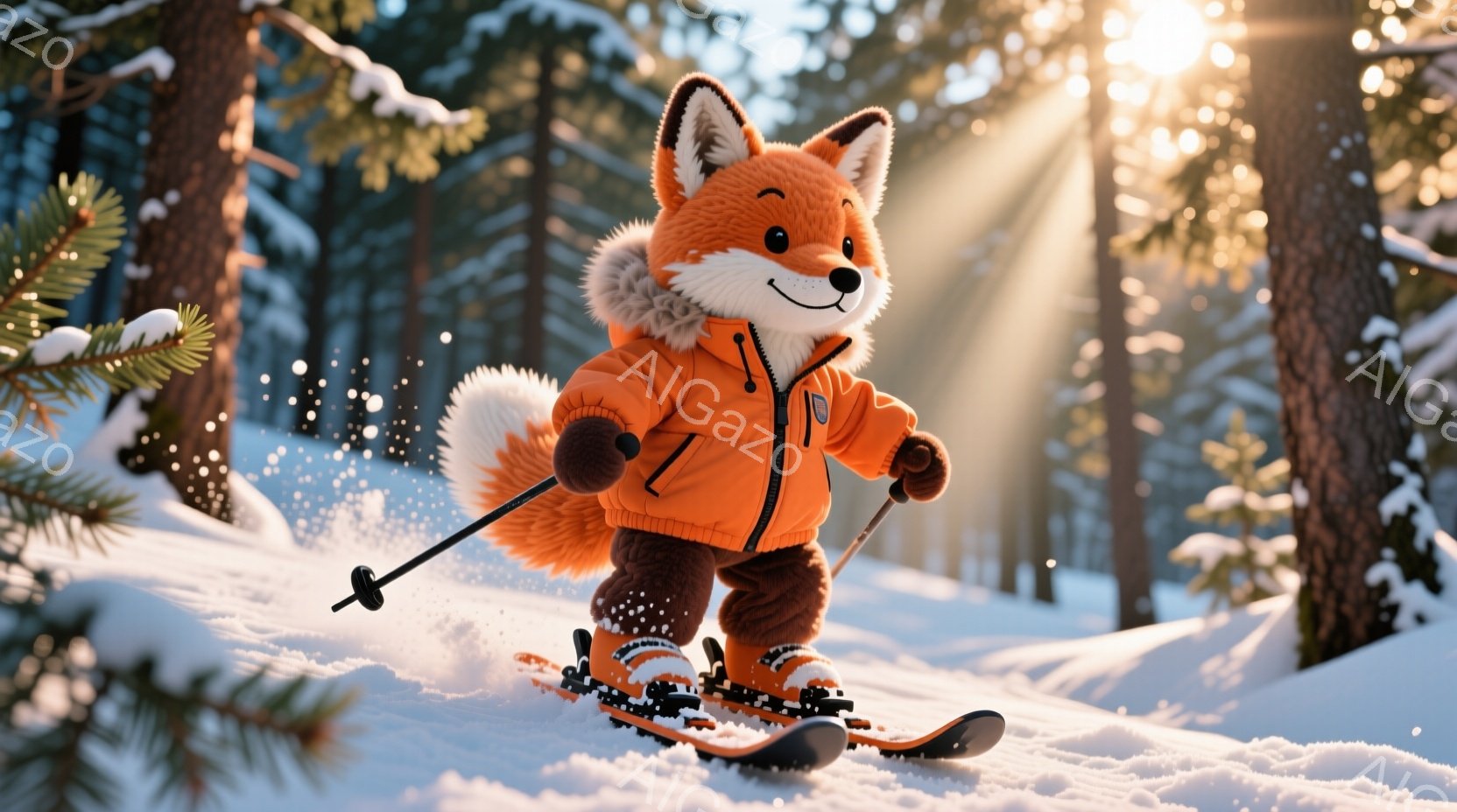 キツネがスキーをして雪の上を滑っている様子が描かれています。オレンジ色のスキーウェアに身を包み、笑顔で前を見据えています。背景には雪をまとった木々が立ち並び、太陽光が差し込み、冬の穏やかな雰囲気を醸し - AI生成フリー素材