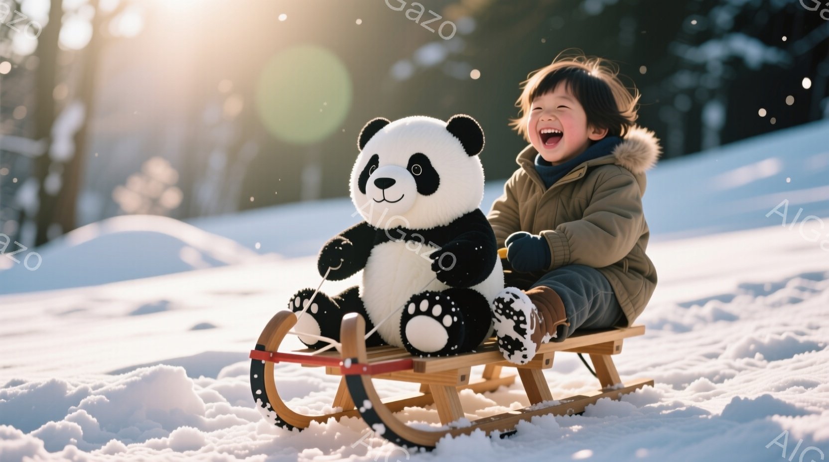 雪の上をそりに乗って楽しんでいる幼い少年が写っています。茶色の髪は少し無造作で、赤い頬と輝く笑顔が印象的です。背景は雪景色で、木々がぼんやりと見え、暖かな日差しが少年と大きなパンダのぬいぐるりを照らしています。