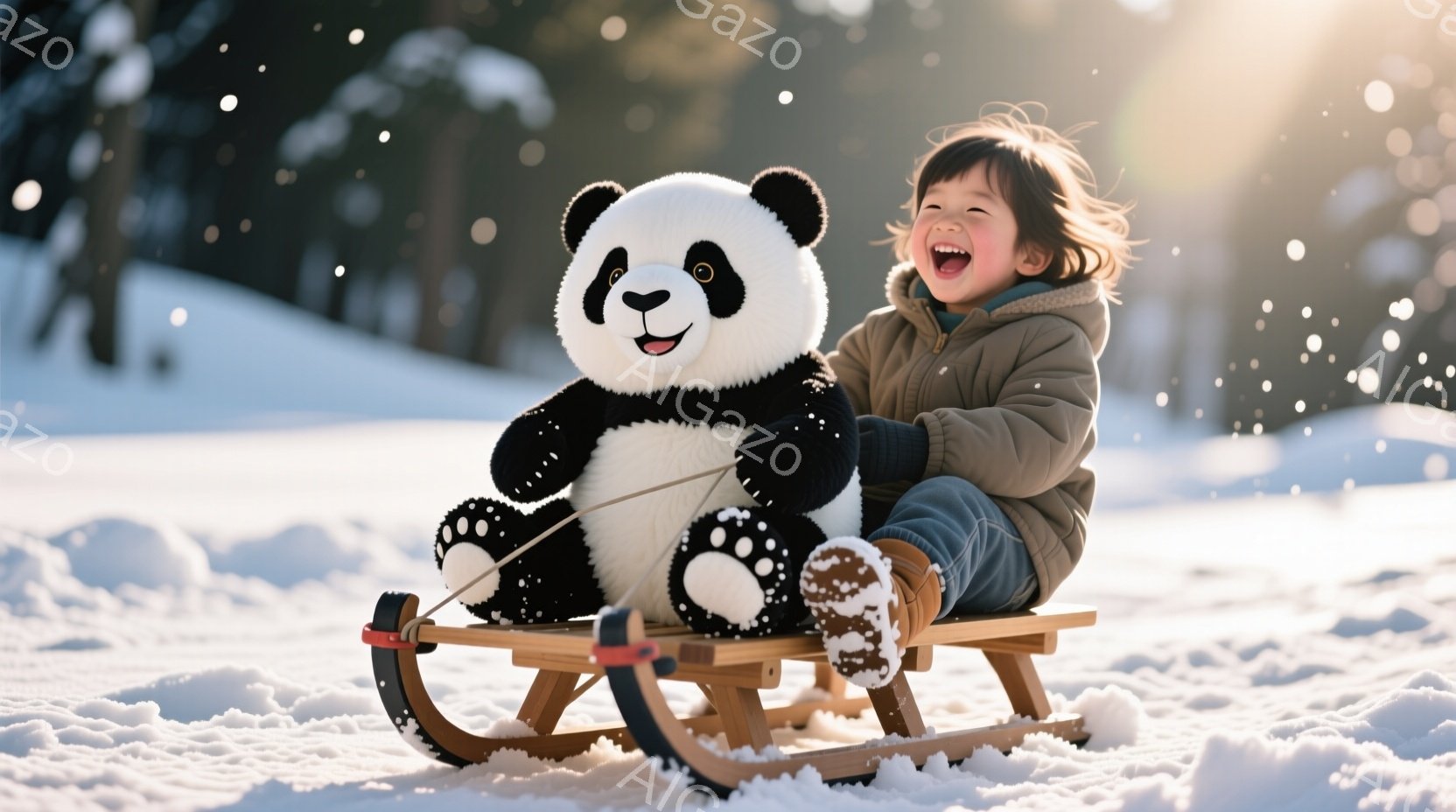 雪の上に座った小さな少年が、大きなパンダのぬいぐるみと一緒にそりを引かれている様子が描かれています。少年は茶色の髪を少し乱れさせ、明るい笑顔を浮かべ、薄い茶色のジャケットとジーンズを着ています。背景に - AI生成フリー素材